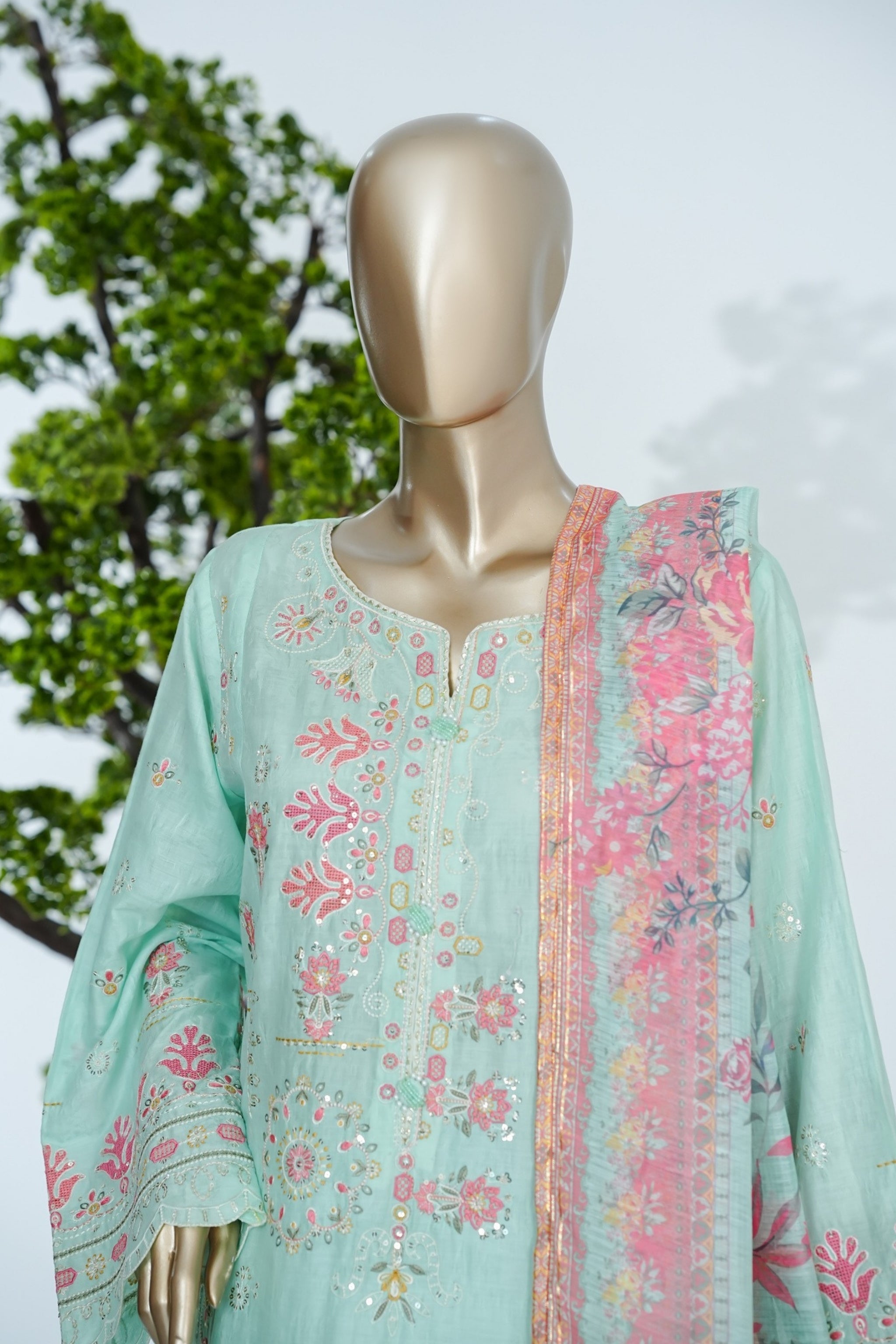BS-004 - Bin Saeed Embroidered Printed Gaquard - light Mind Green