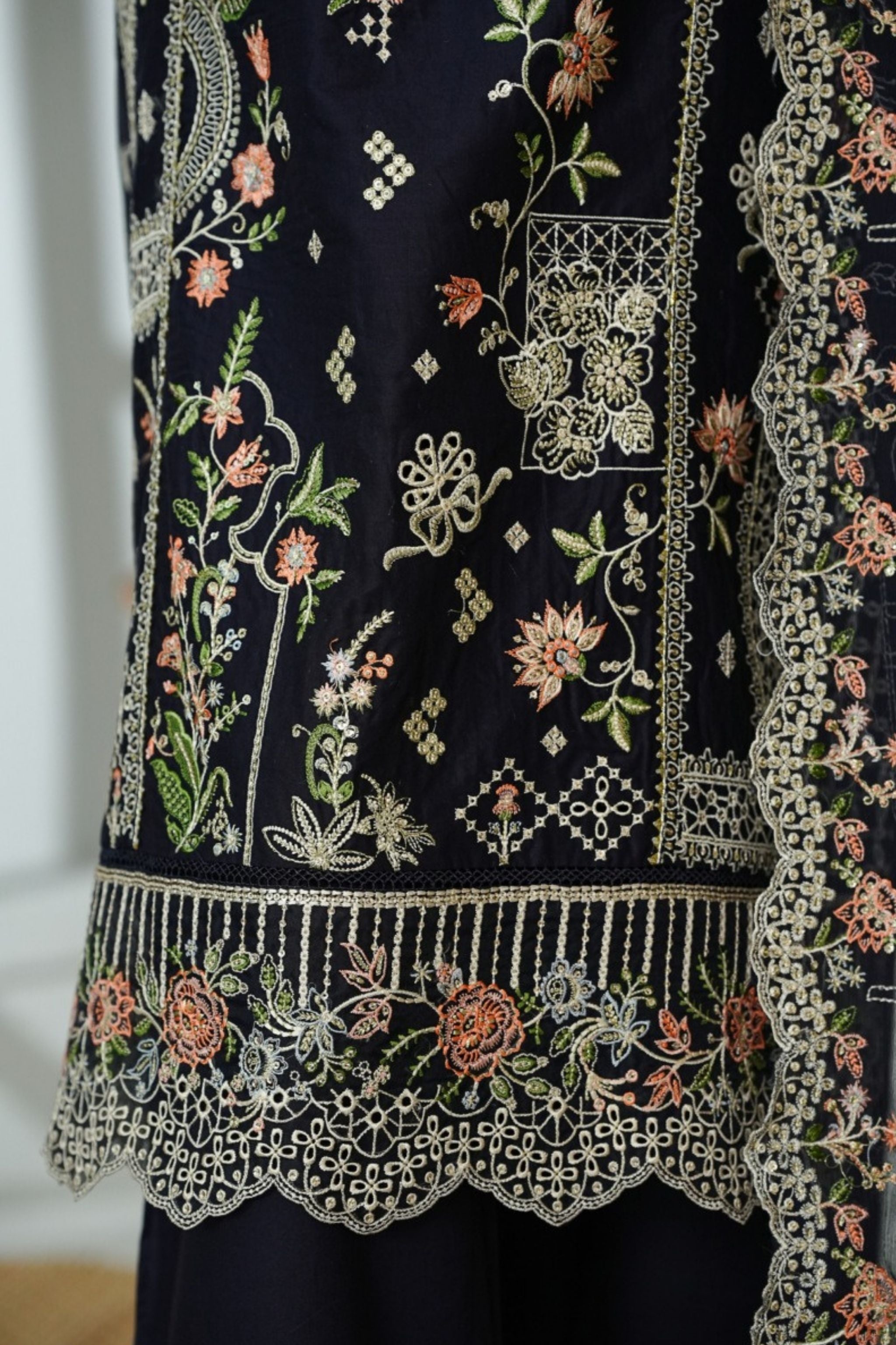 ECF-04 Bin Saeed Original Midnight Blue Embroidered Cotton Fabric 3-Piece Suit - Size S-M-L