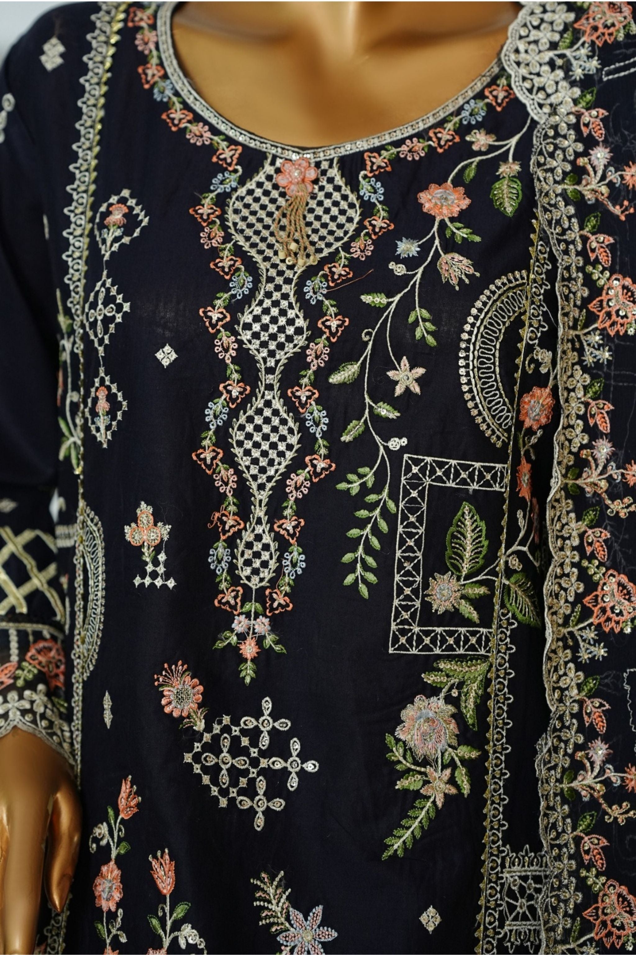 ECF-04 Bin Saeed Original Midnight Blue Embroidered Cotton Fabric 3-Piece Suit - Size S-M-L