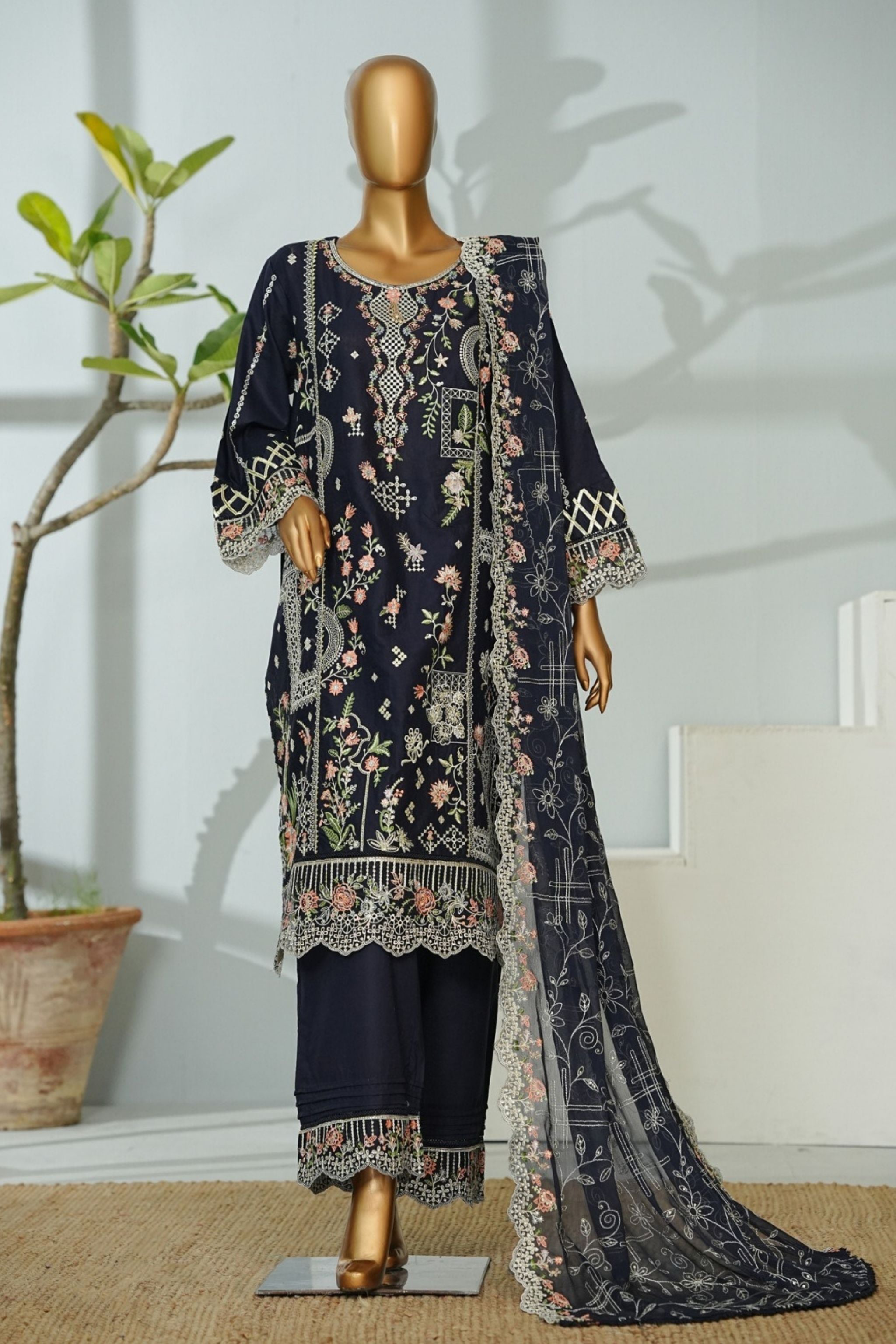 ECF-04 Bin Saeed Original Midnight Blue Embroidered Cotton Fabric 3-Piece Suit - Size S-M-L