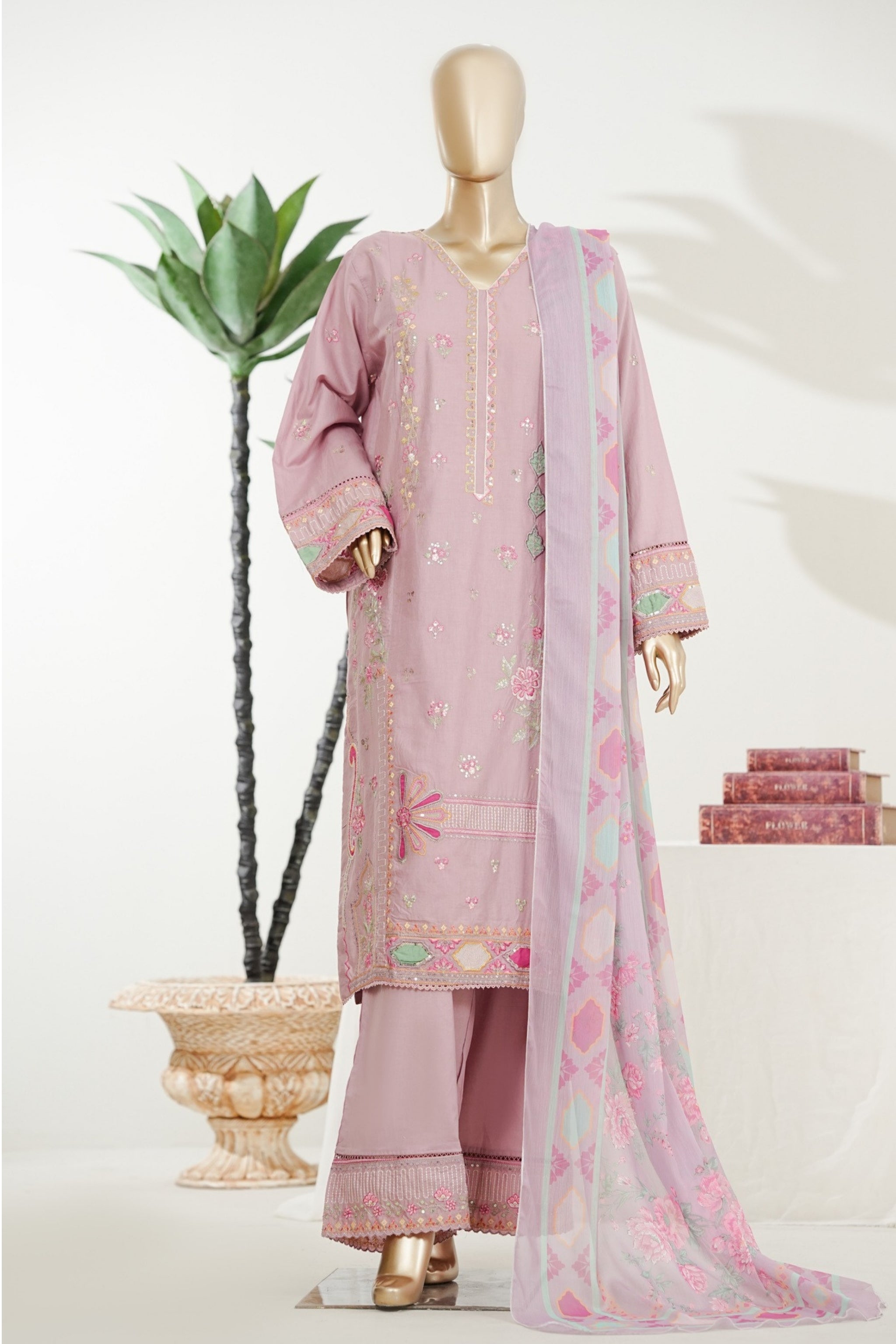 BM-011 - Bin Saeed Embroidered Printed Lawn - Ducky Pink