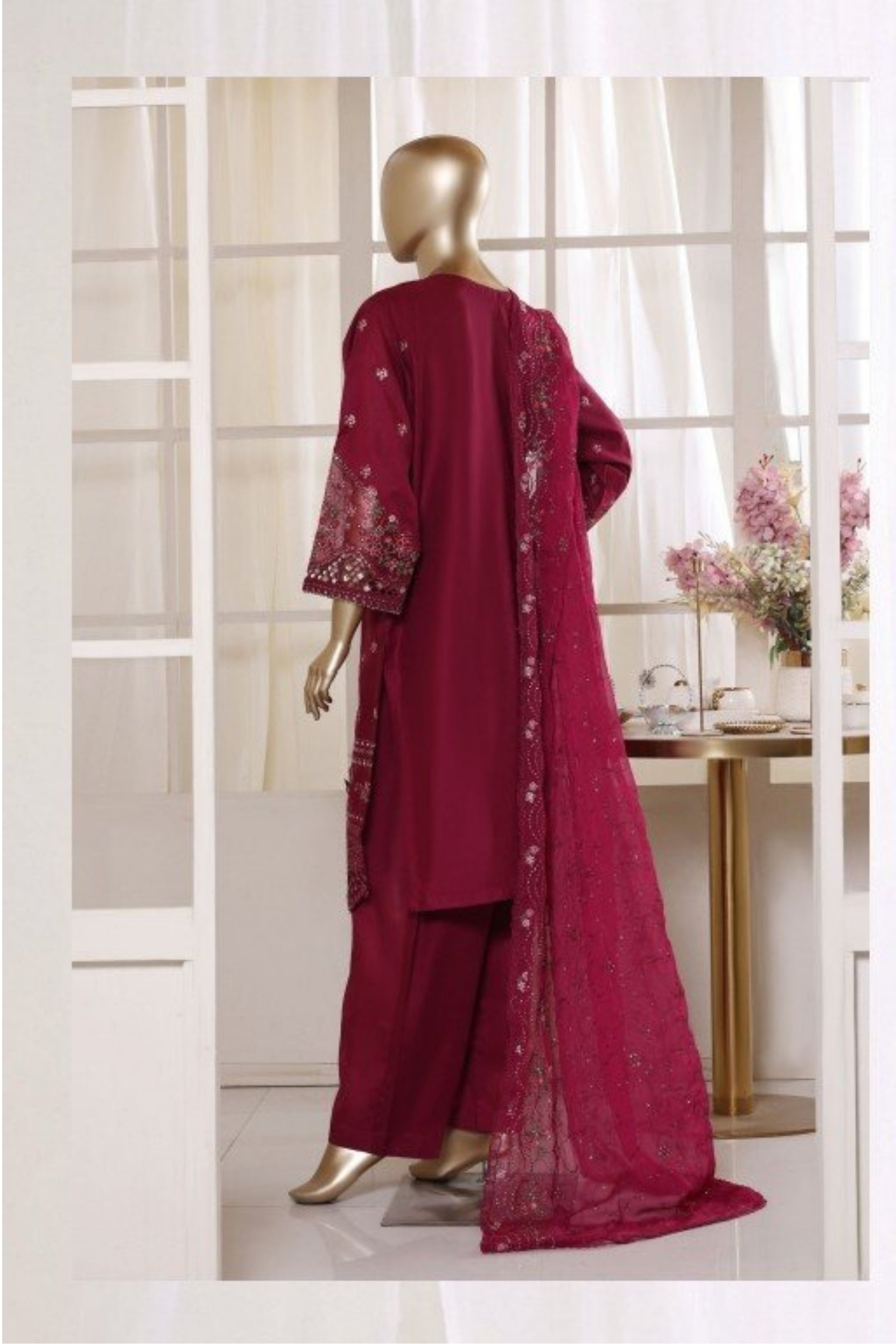 BSL-001 Bin Saeed Luxury Embroidered 3PC Suit - Deep Rani Pink