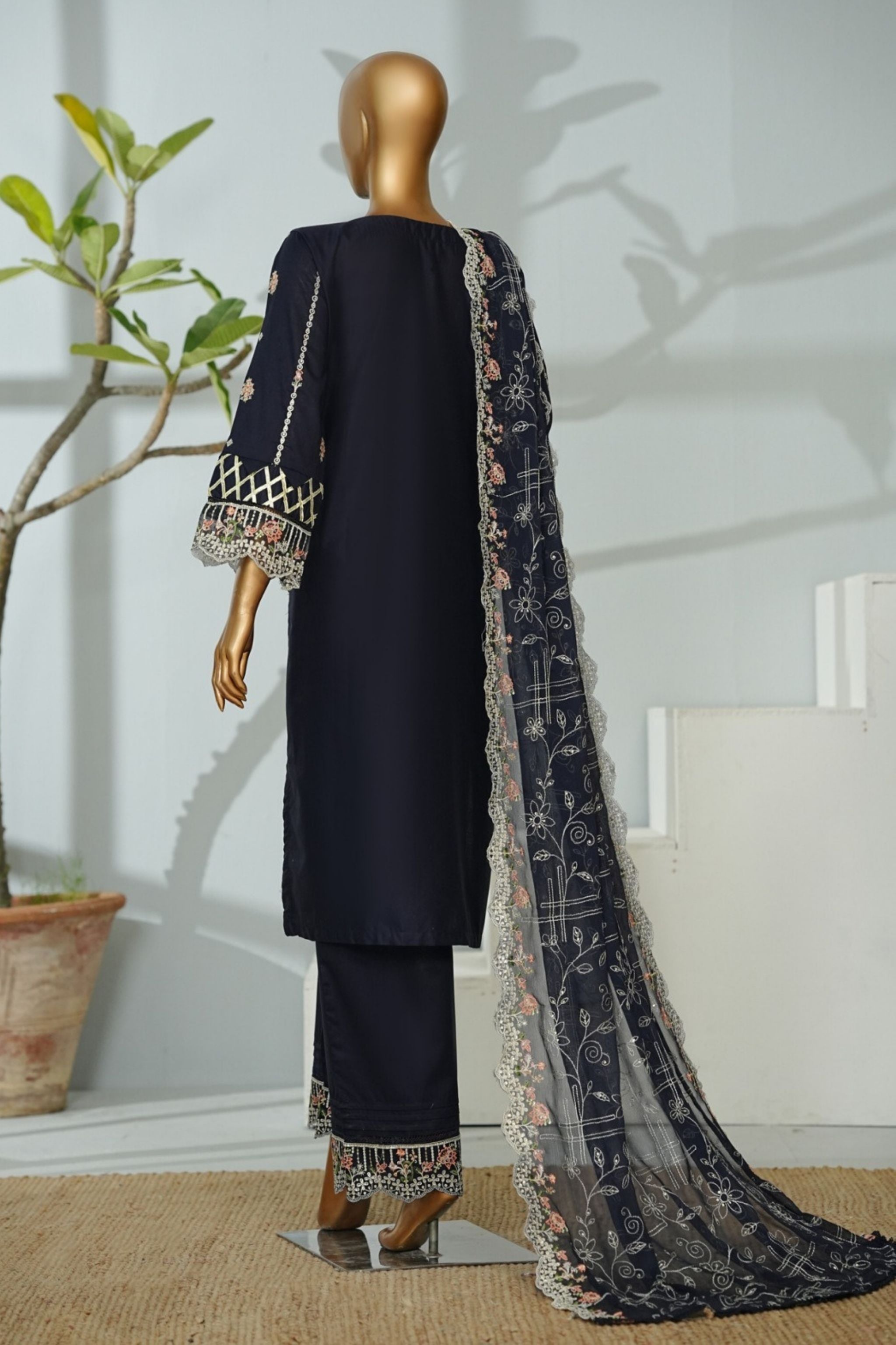 ECF-04 Bin Saeed Original Midnight Blue Embroidered Cotton Fabric 3-Piece Suit - Size S-M-L