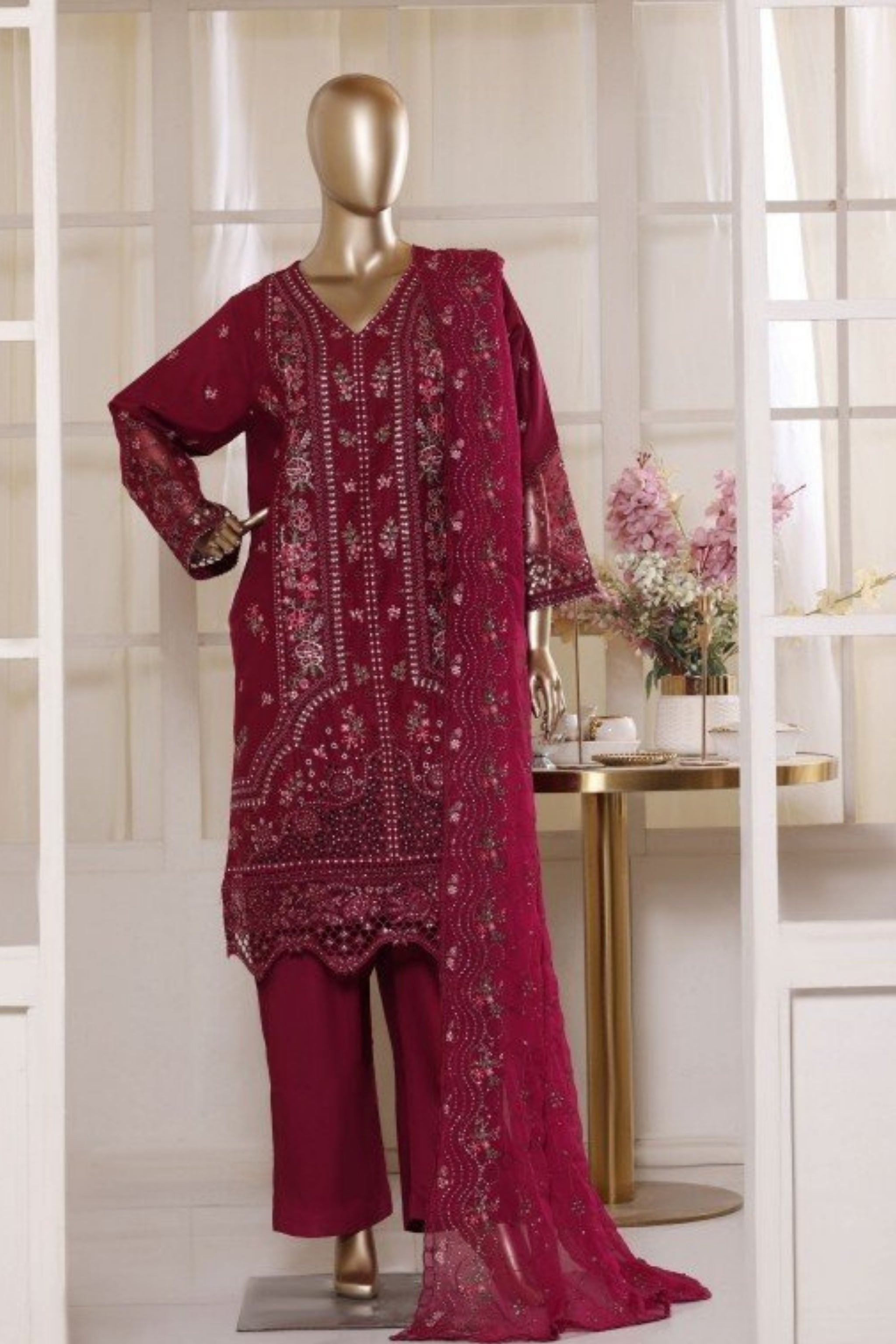 BSL-001 Bin Saeed Luxury Embroidered 3PC Suit - Deep Rani Pink