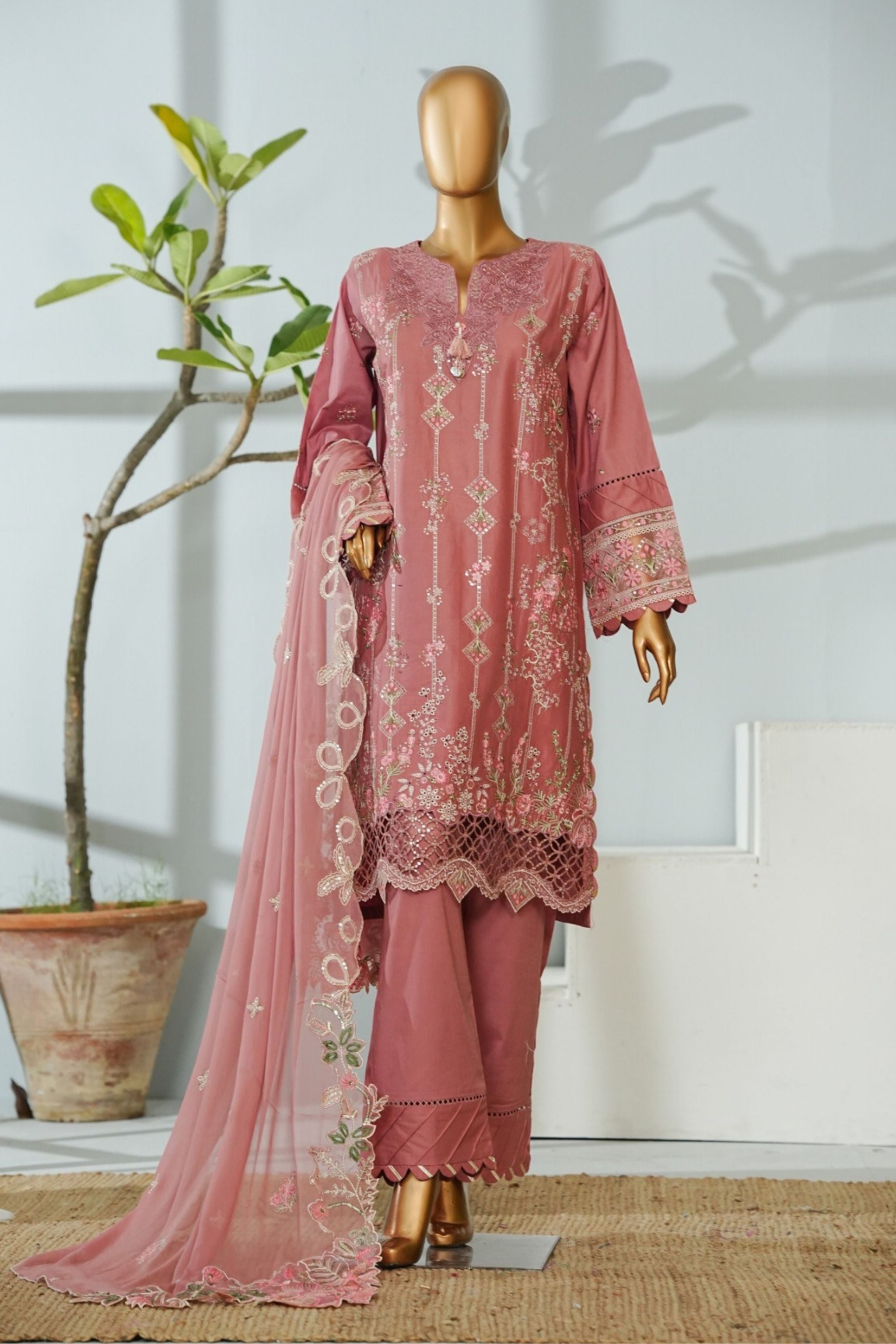 ECF-05 Bin Saeed Original Tea Rose Embroidered Cotton Fabric 3-Piece Suit - Size S-M-L
