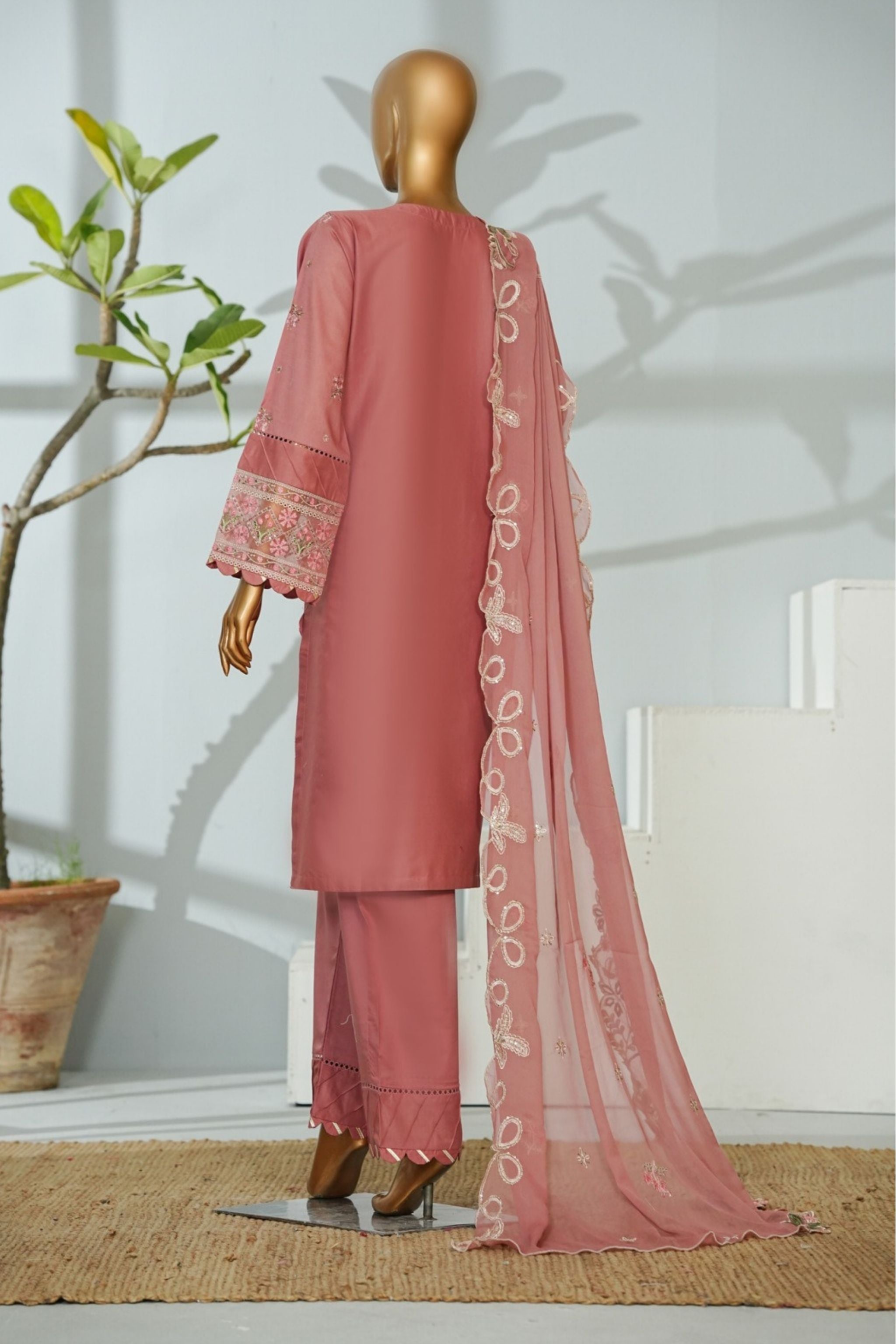 ECF-05 Bin Saeed Original Tea Rose Embroidered Cotton Fabric 3-Piece Suit - Size S-M-L