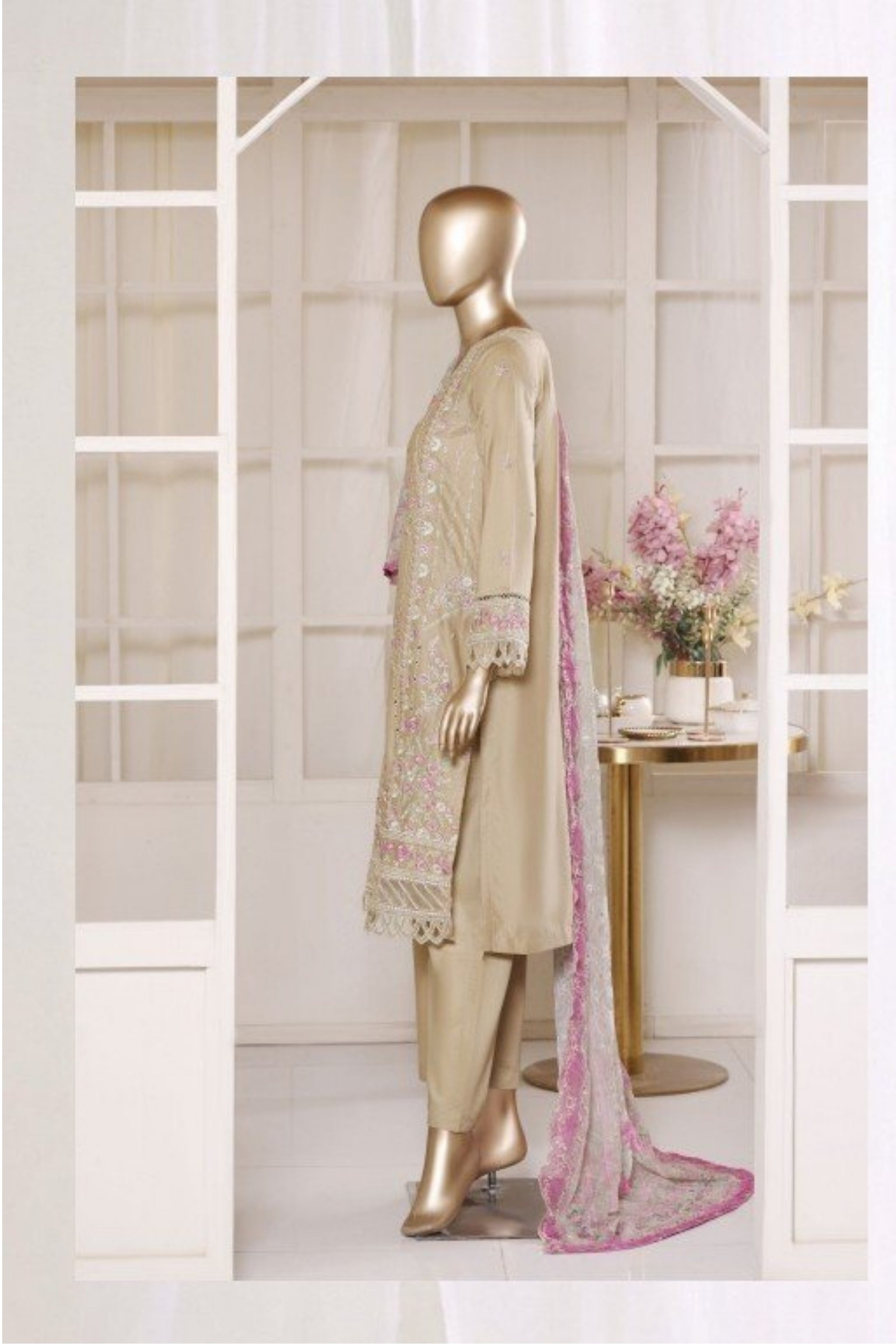 BSL-010 Bin Saeed Luxury Embroidered 3PC Suit - Champagne Beige