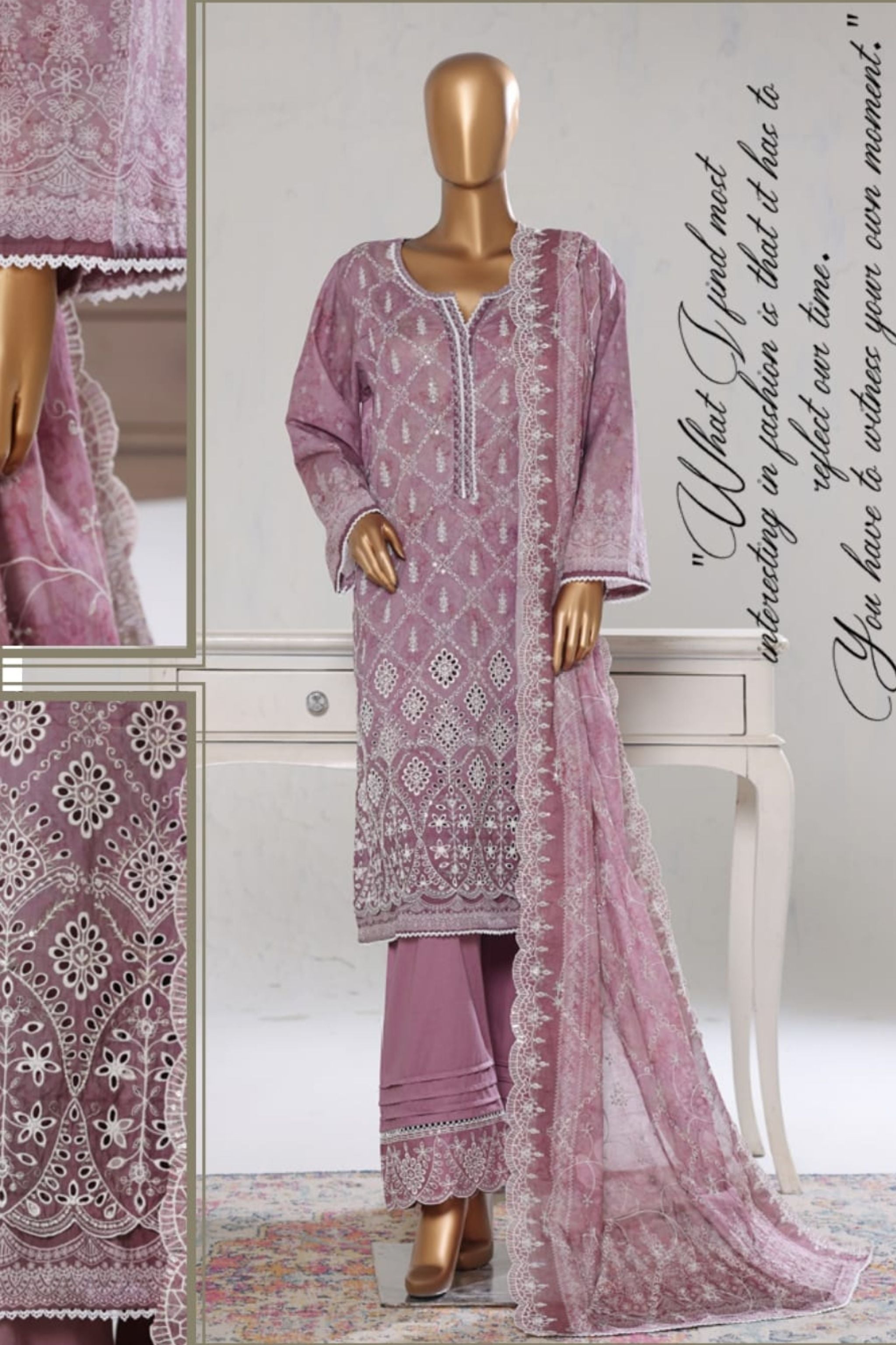 WCE-03 Bin Saeed Original  White Chikankari Embroidered Suit - Size XL