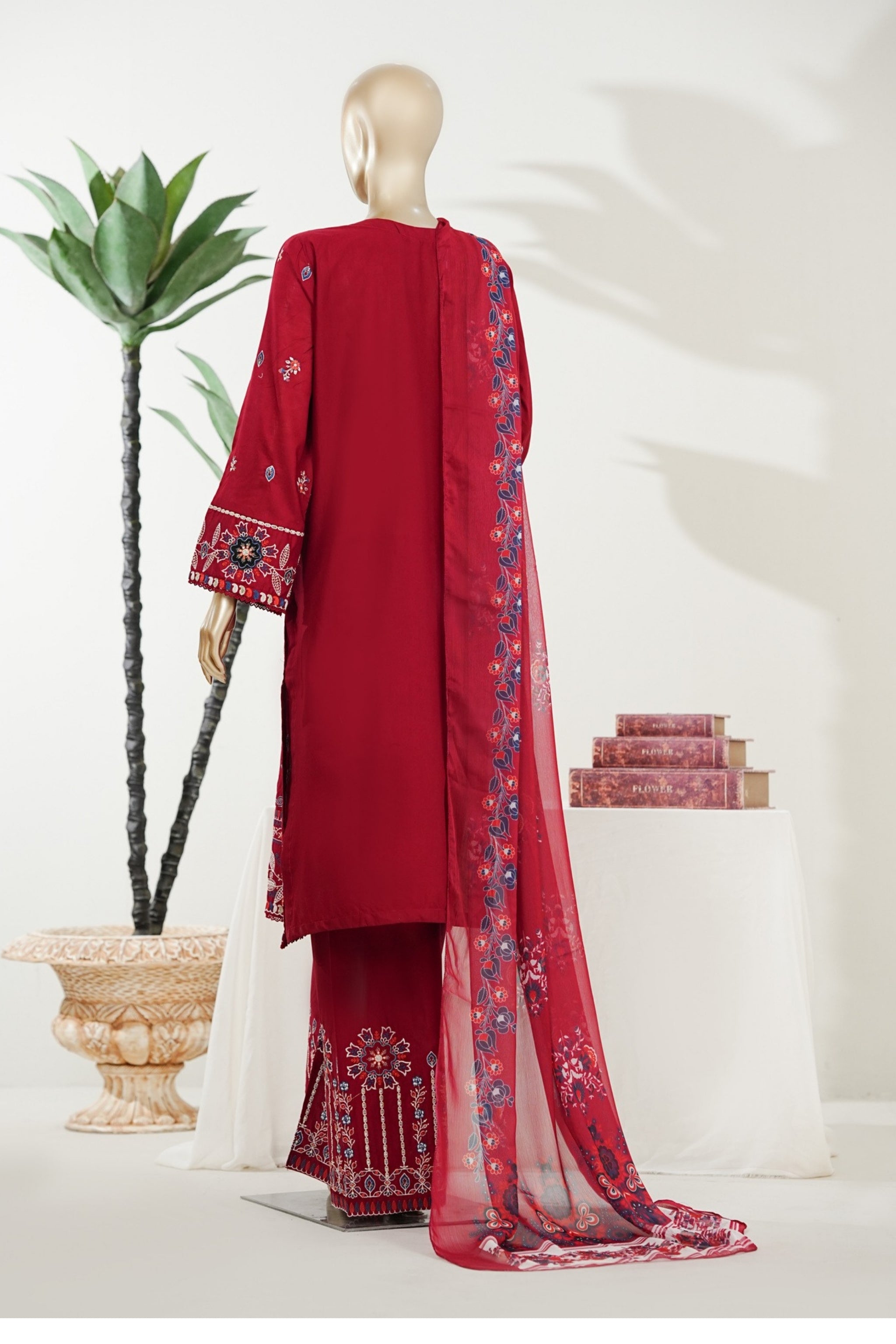 BM-006 - Bin Saeed Embroidered Printed Lawn - Maroon