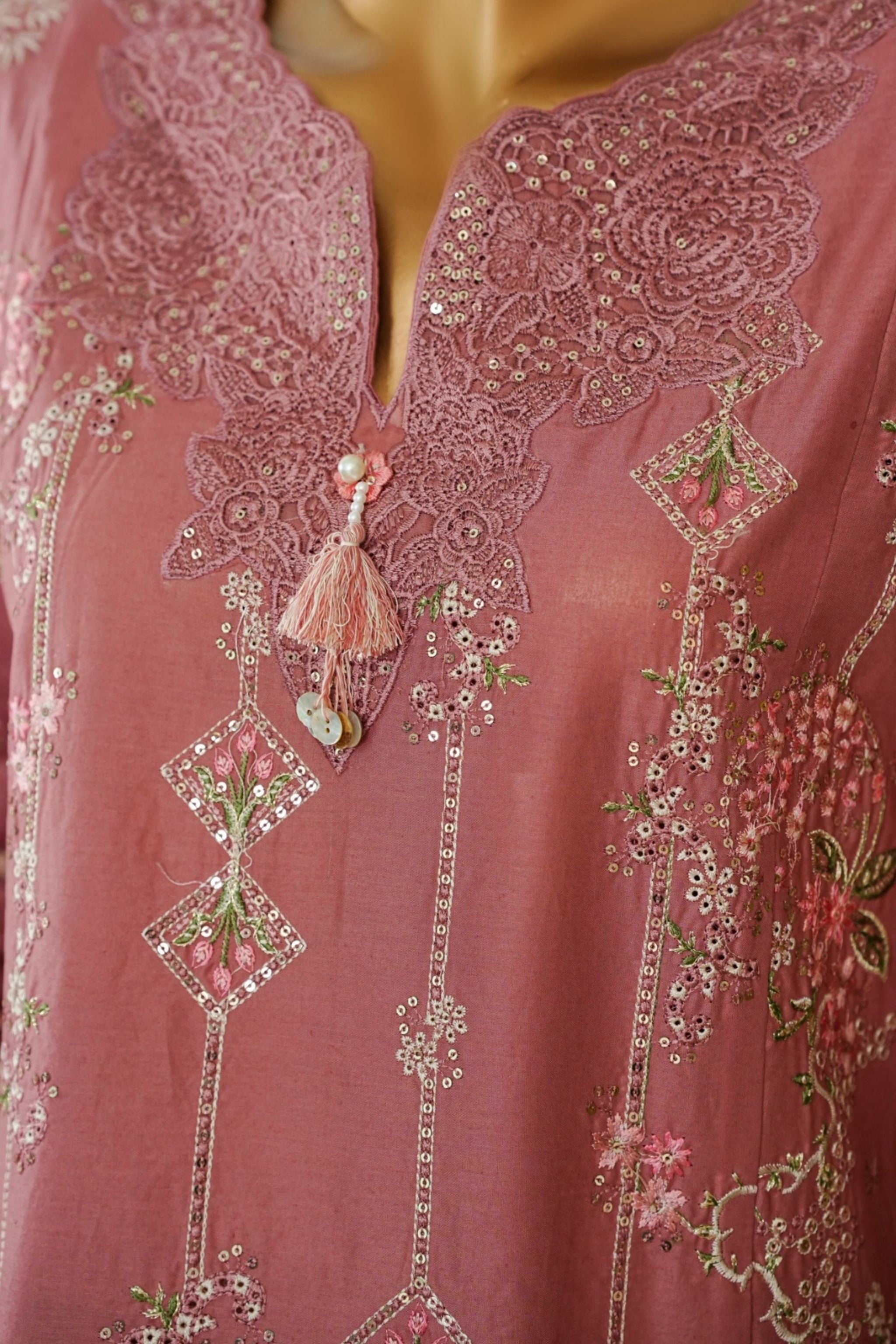 ECF-05 Bin Saeed Original Tea Rose Embroidered Cotton Fabric 3-Piece Suit - Size S-M-L