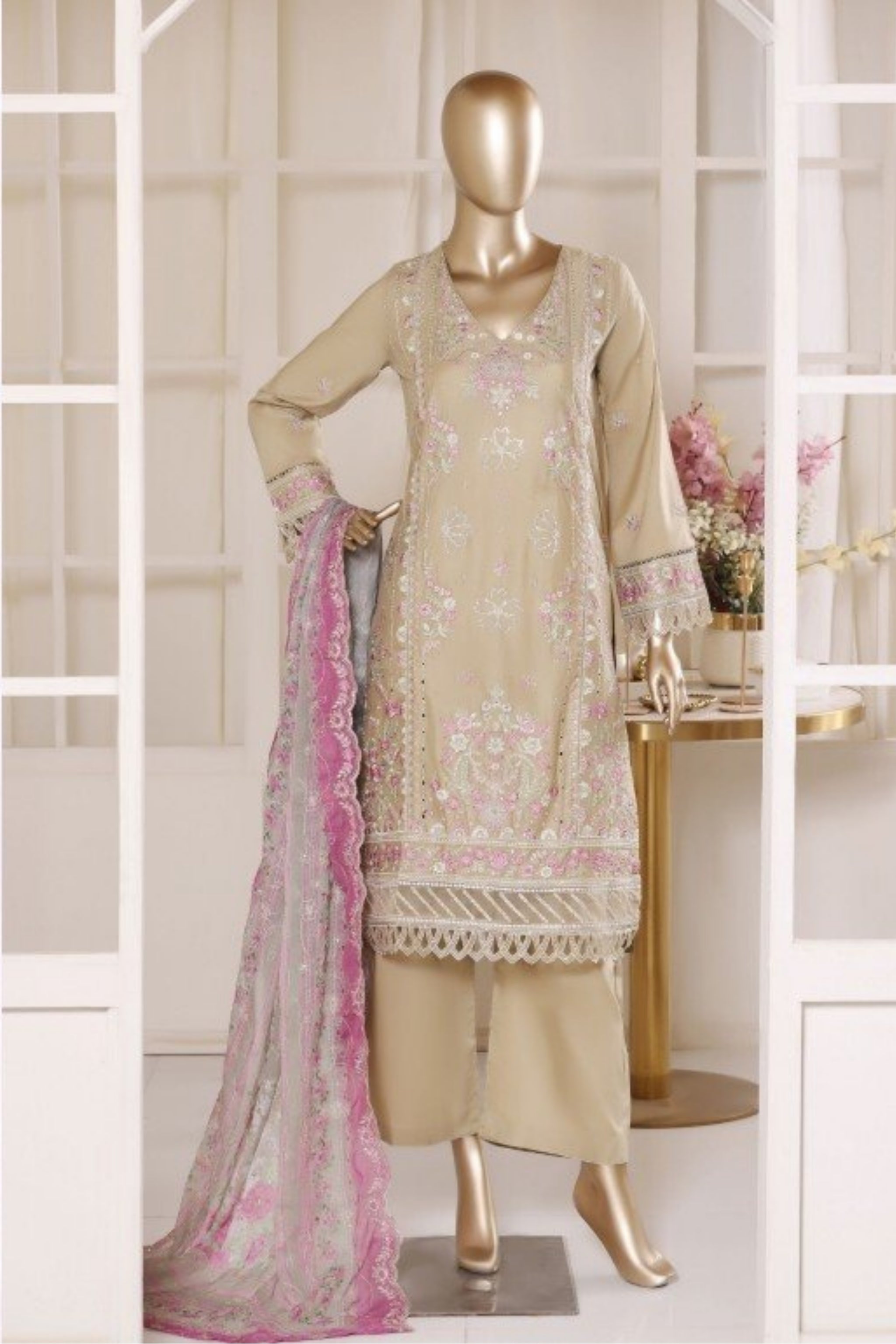 BSL-010 Bin Saeed Luxury Embroidered 3PC Suit - Champagne Beige