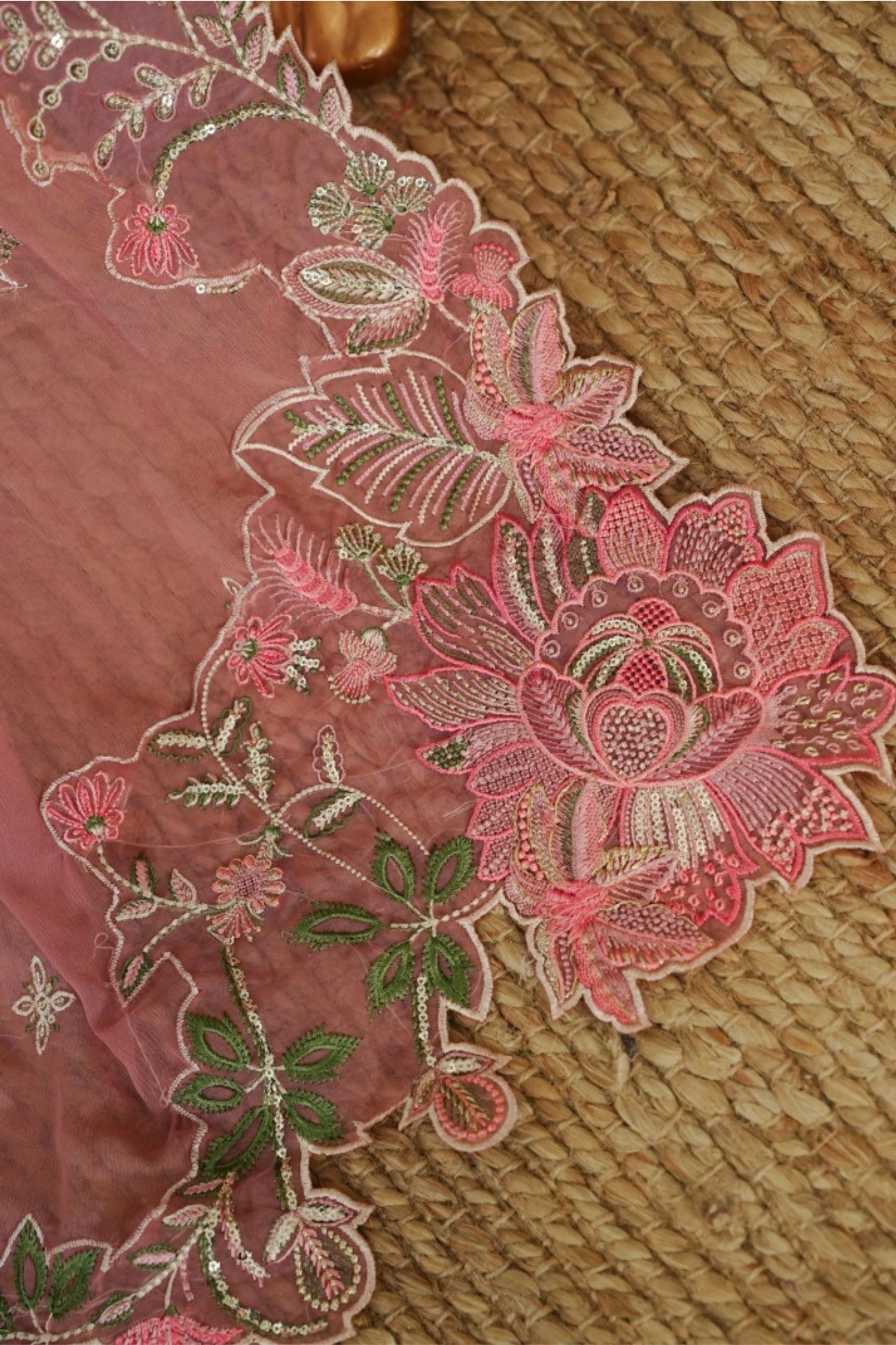ECF-05 Bin Saeed Original Tea Rose Embroidered Cotton Fabric 3-Piece Suit - Size S-M-L