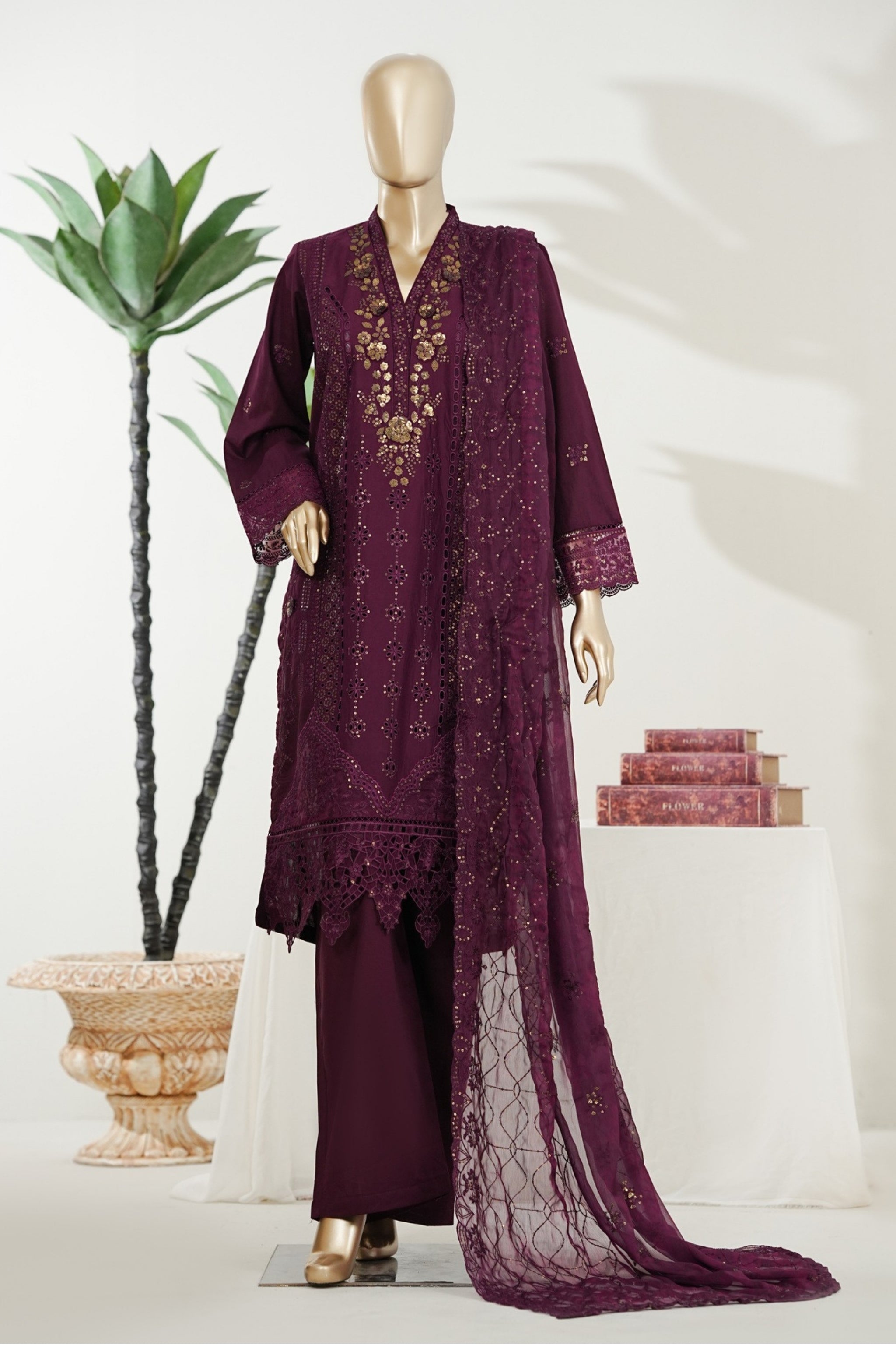 BM-013 - Bin Saeed Embroidered Printed Lawn - Dack Plum