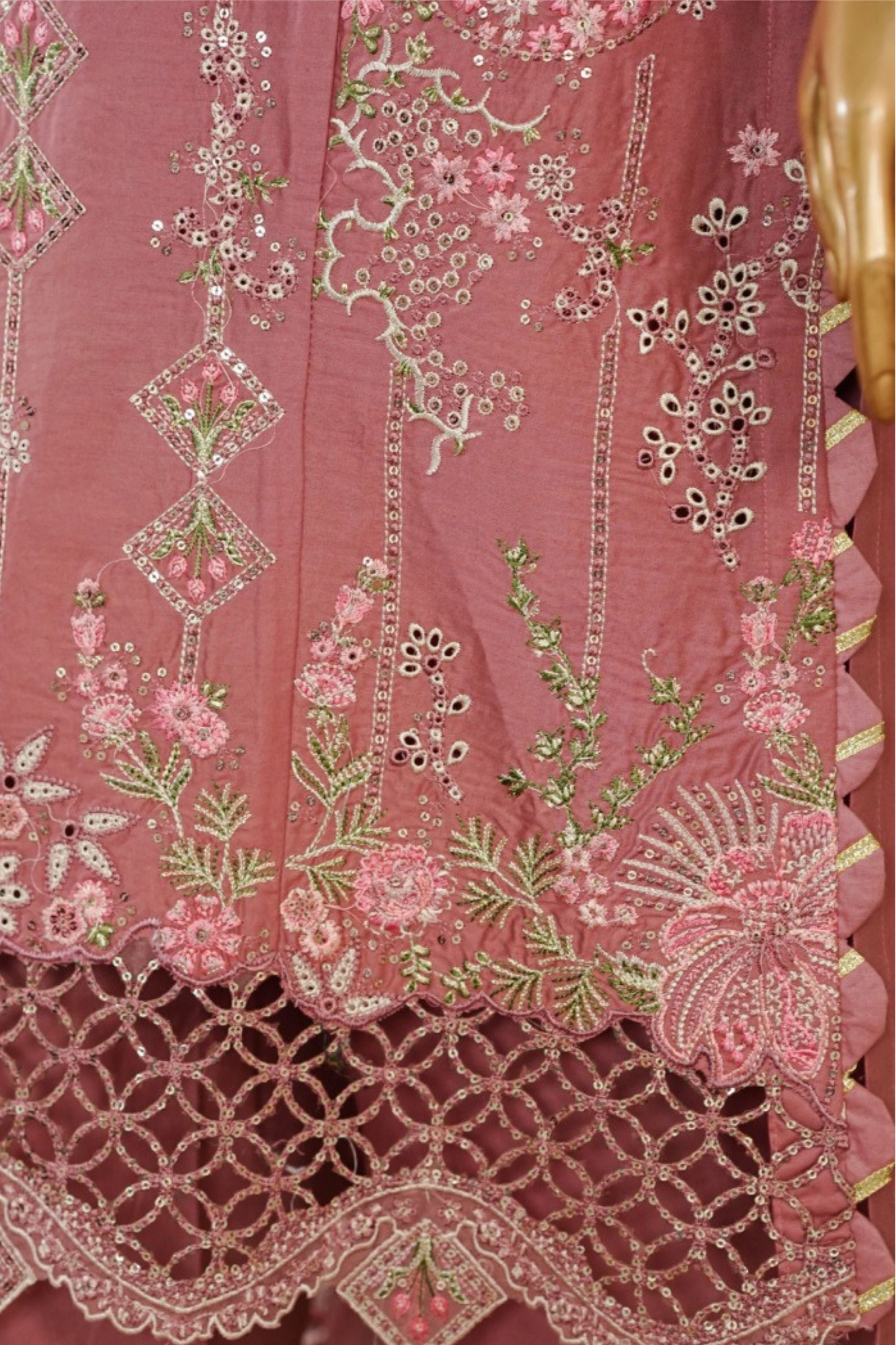 ECF-05 Bin Saeed Original Tea Rose Embroidered Cotton Fabric 3-Piece Suit - Size S-M-L