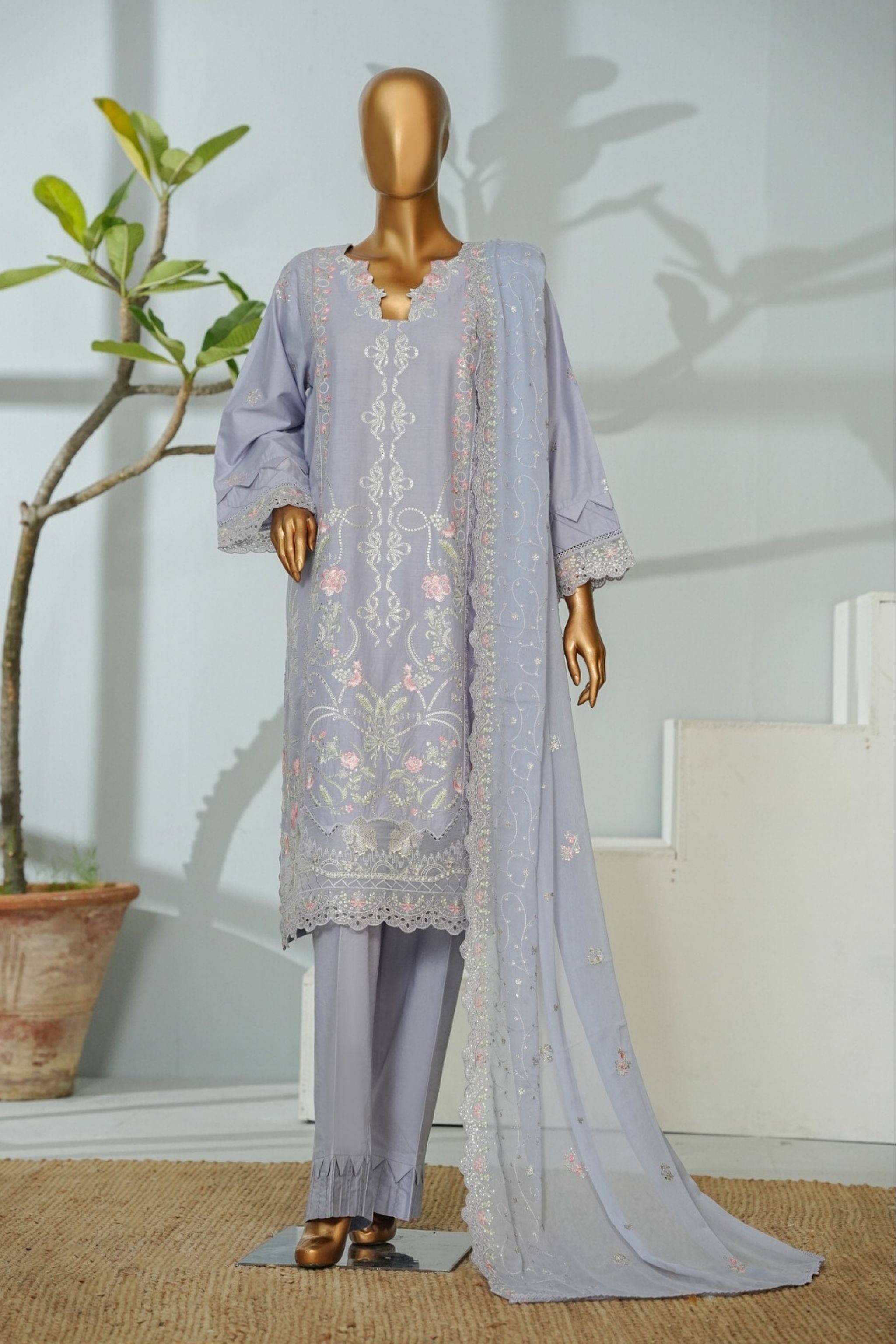 ECF-06 Bin Saeed Original Light Grey Embroidered Cotton Fabric 3-Piece Suit - Size S-M-L