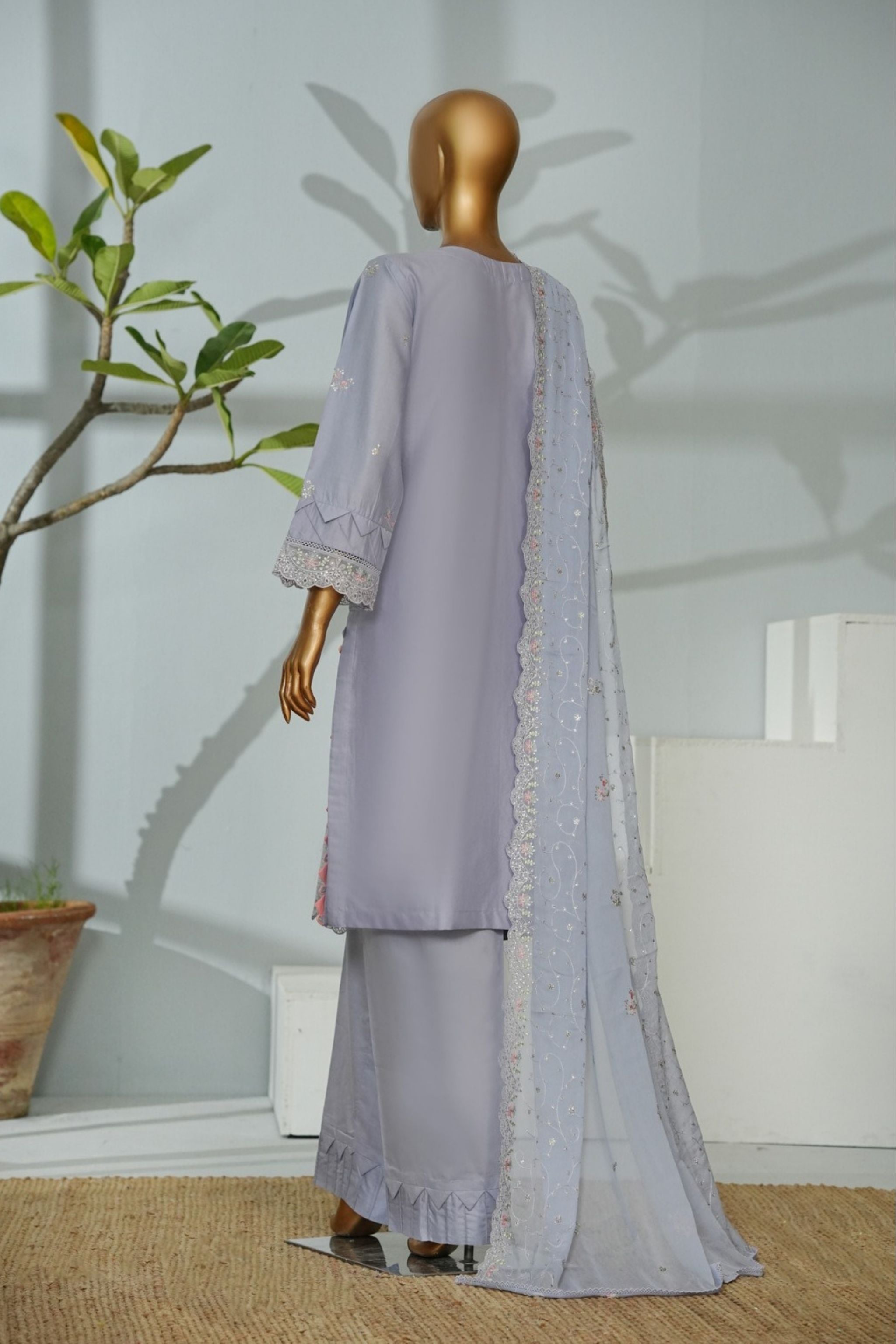 ECF-06 Bin Saeed Original Light Grey Embroidered Cotton Fabric 3-Piece Suit - Size S-M-L