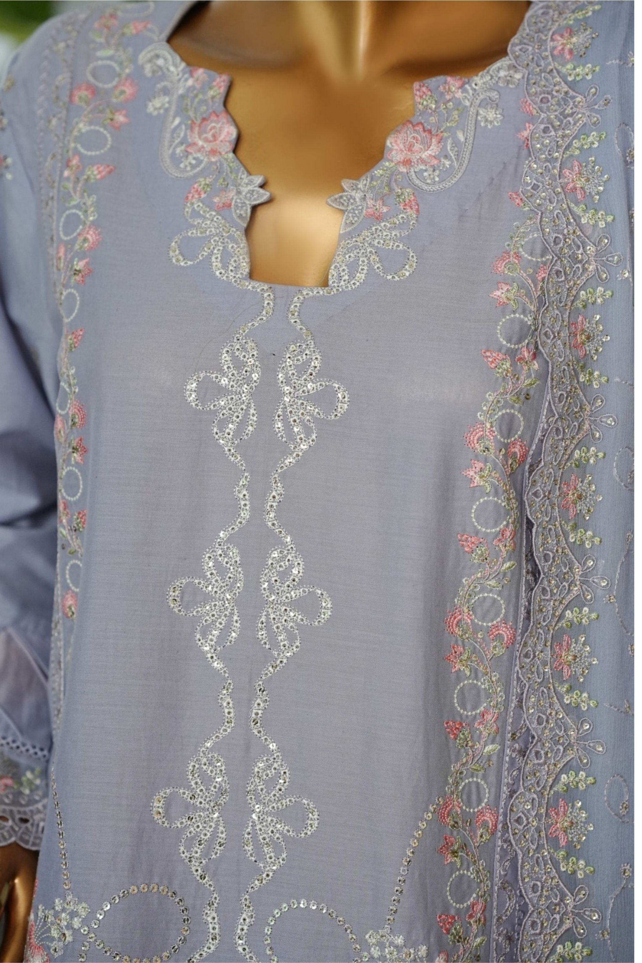 ECF-06 Bin Saeed Original Light Grey Embroidered Cotton Fabric 3-Piece Suit - Size S-M-L