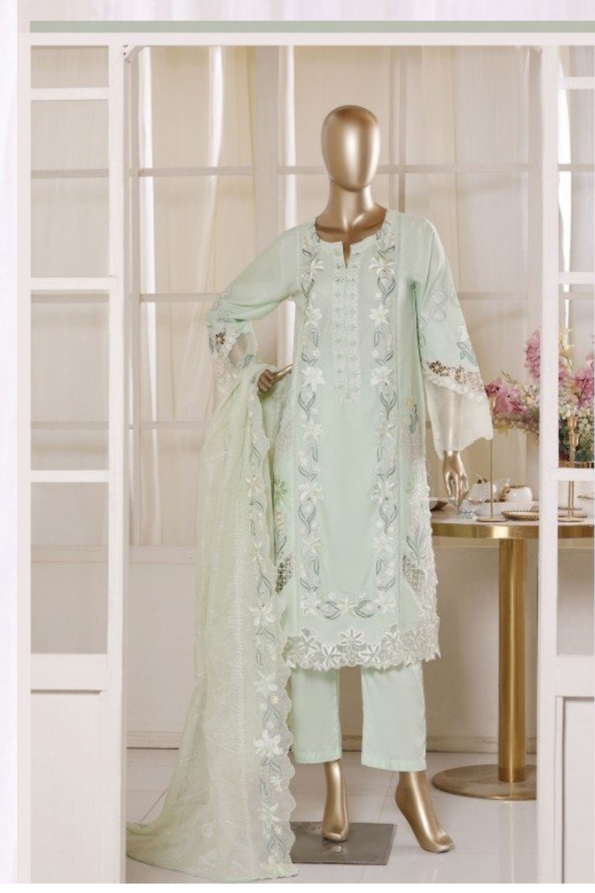 BSL-009 Bin Saeed Luxury Embroidered 3PC Suit - Pista Green