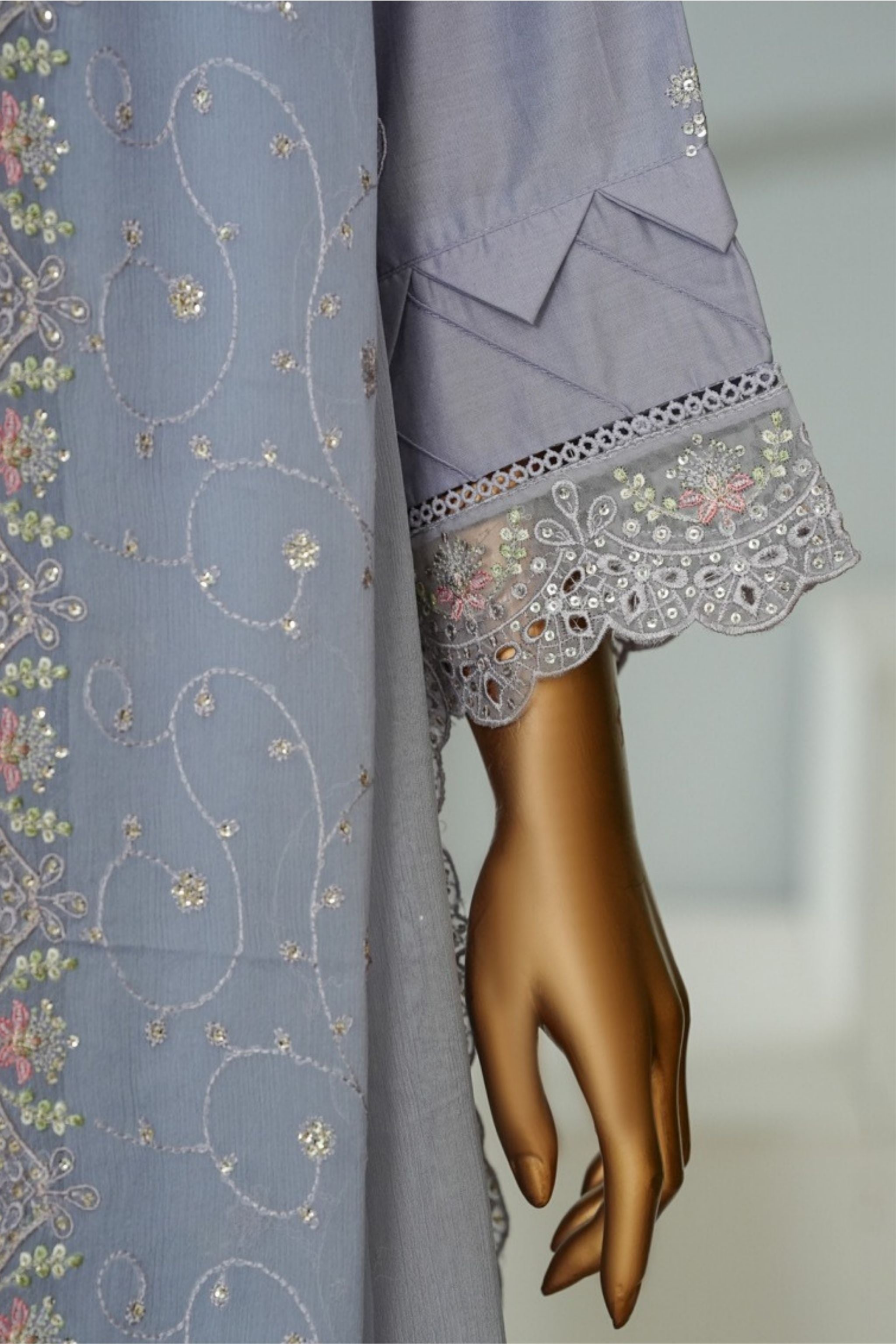 ECF-06 Bin Saeed Original Light Grey Embroidered Cotton Fabric 3-Piece Suit - Size S-M-L