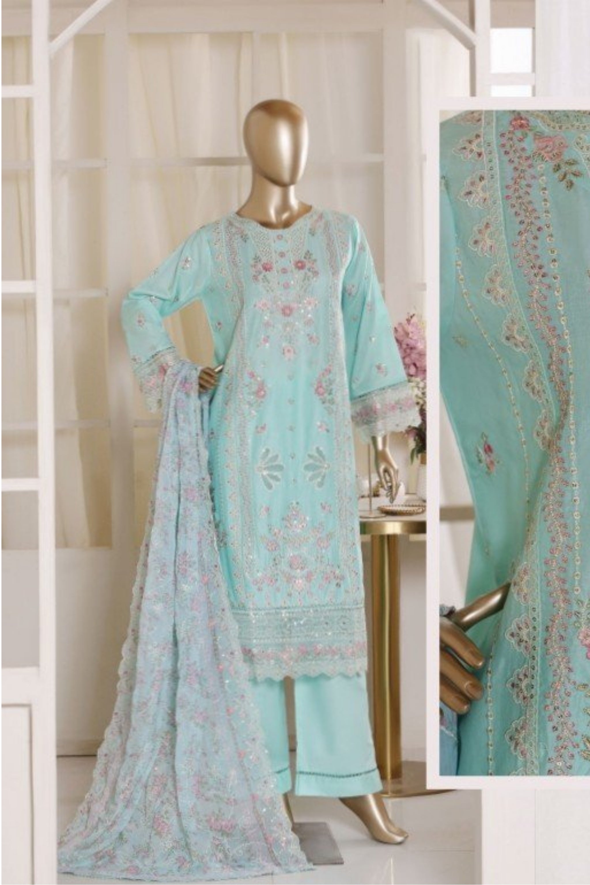 BSL-008 Bin Saeed Luxury Embroidered 3PC Suit - Pastel Aqua