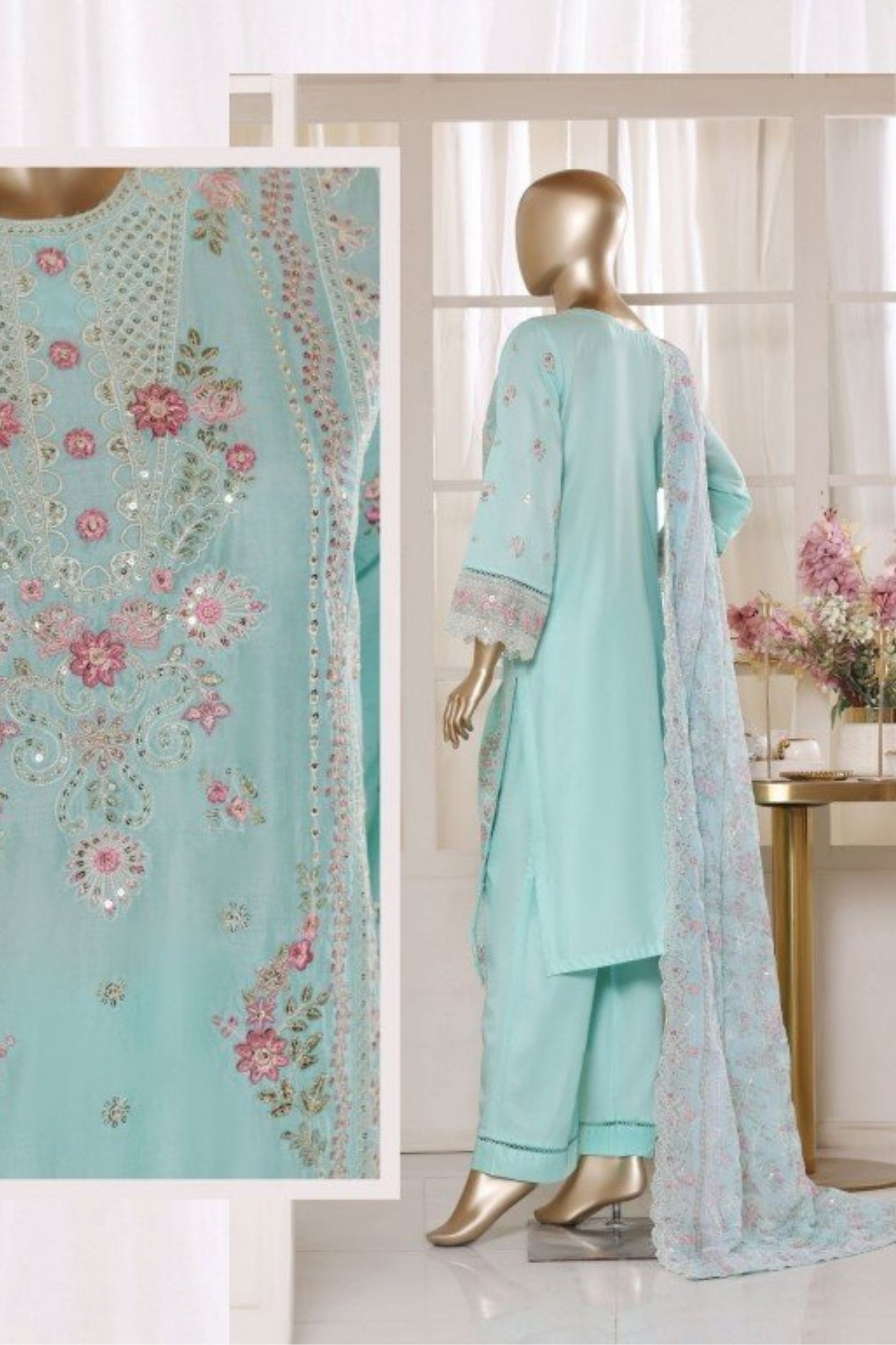 BSL-008 Bin Saeed Luxury Embroidered 3PC Suit - Pastel Aqua