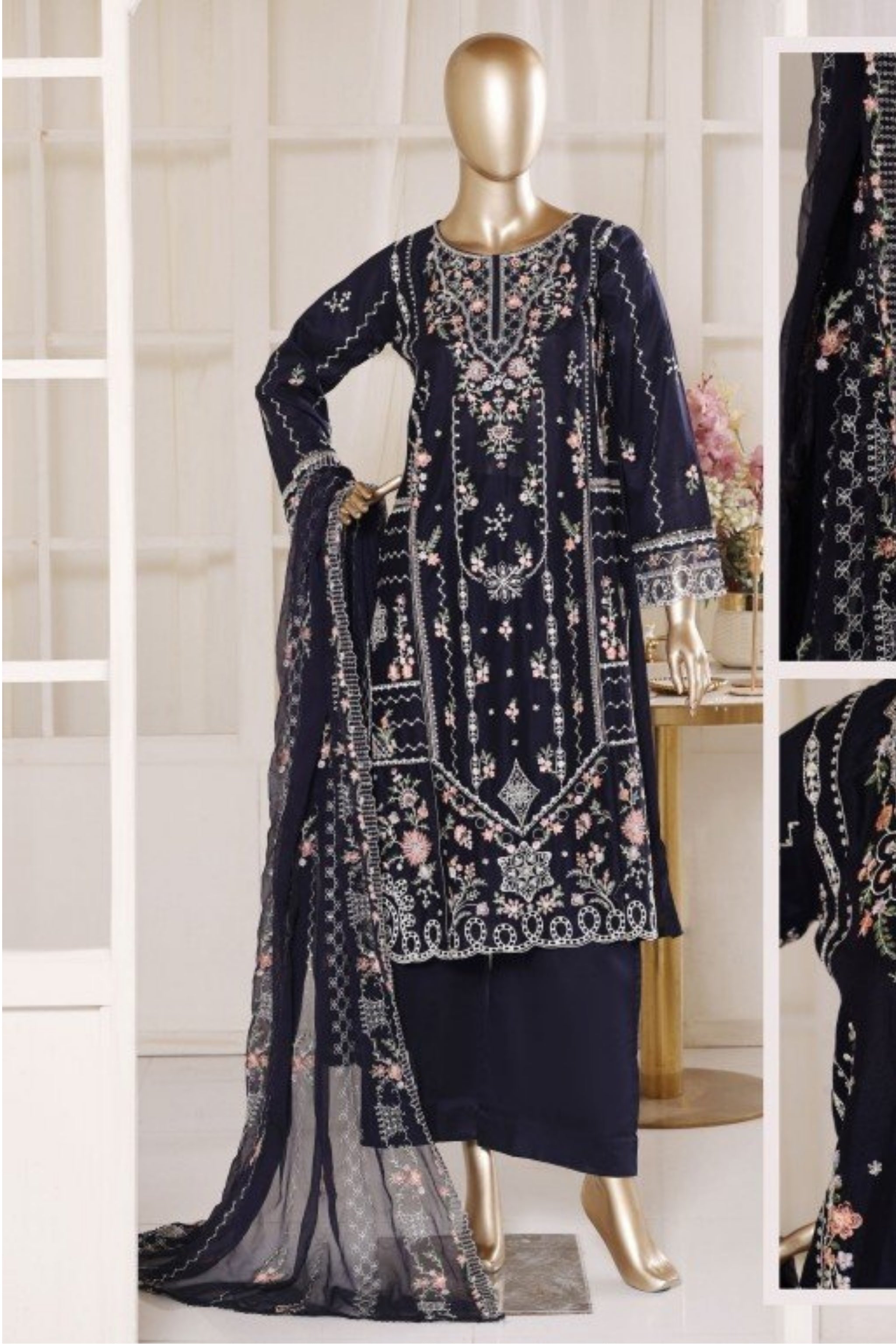 BSL-007 Bin Saeed Luxury Embroidered 3PC Suit - Navy Blue