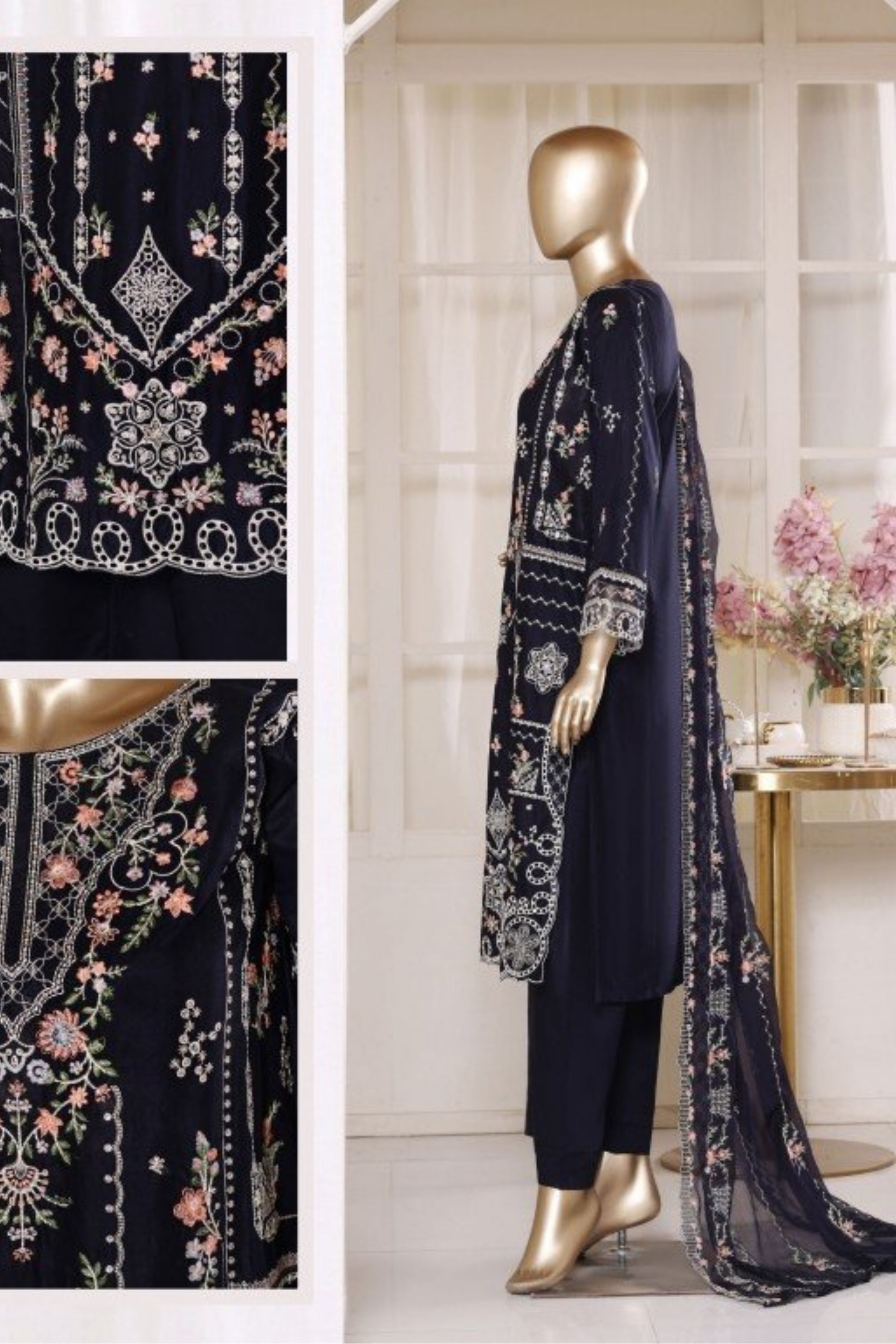 BSL-007 Bin Saeed Luxury Embroidered 3PC Suit - Navy Blue