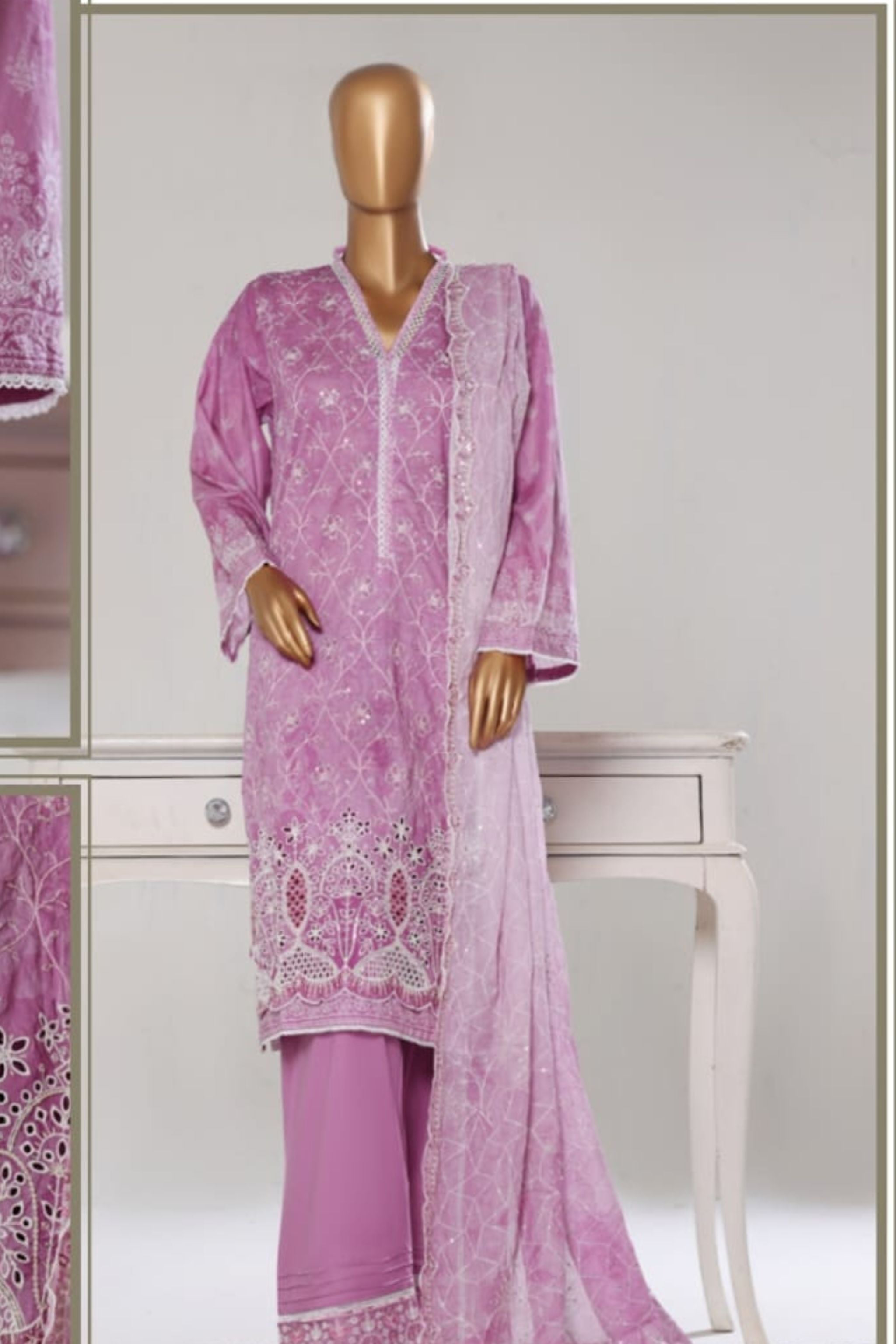 WCE-04 Bin Saeed Original  White Chikankari Embroidered Suit - Size XL