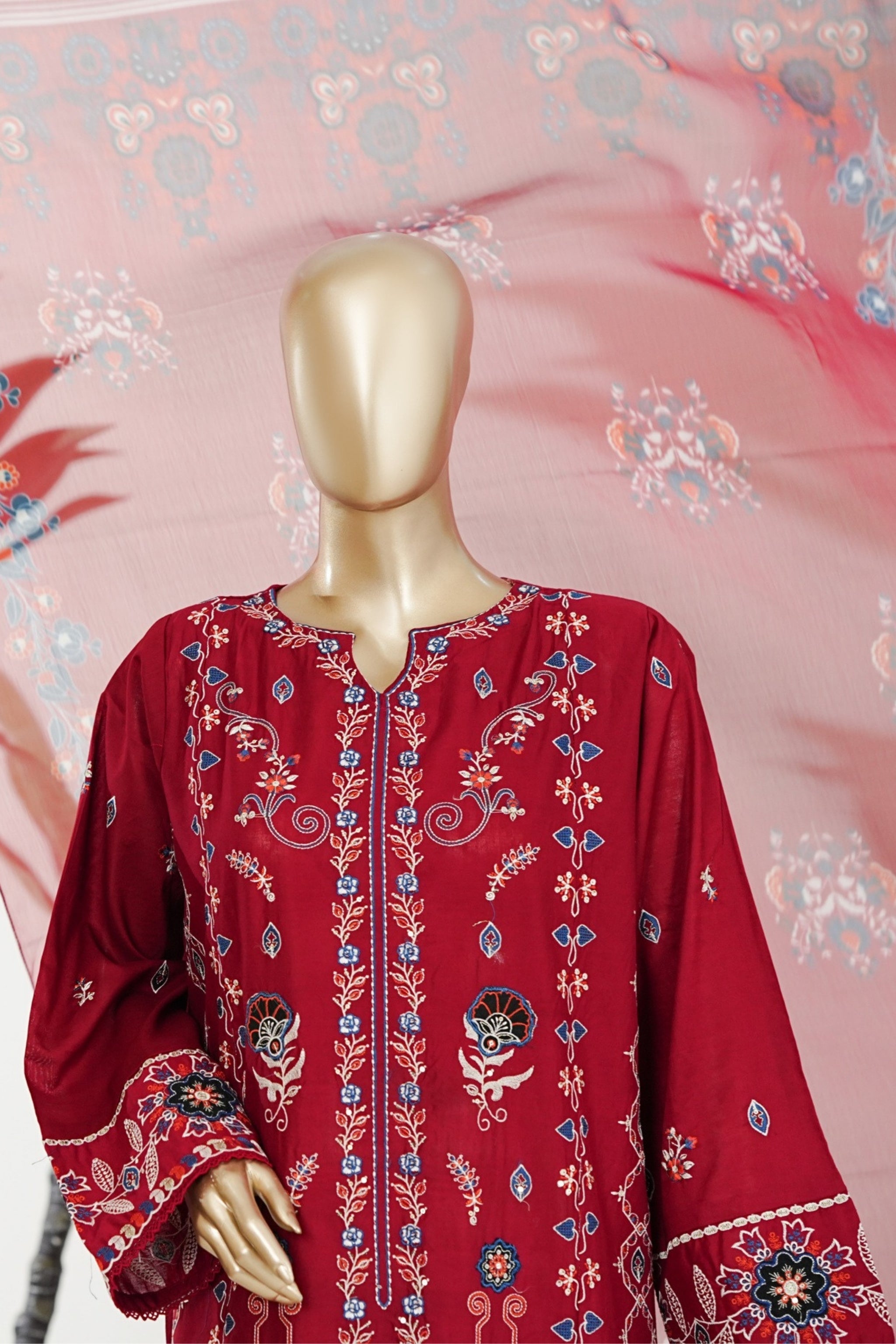 BM-006 - Bin Saeed Embroidered Printed Lawn - Maroon