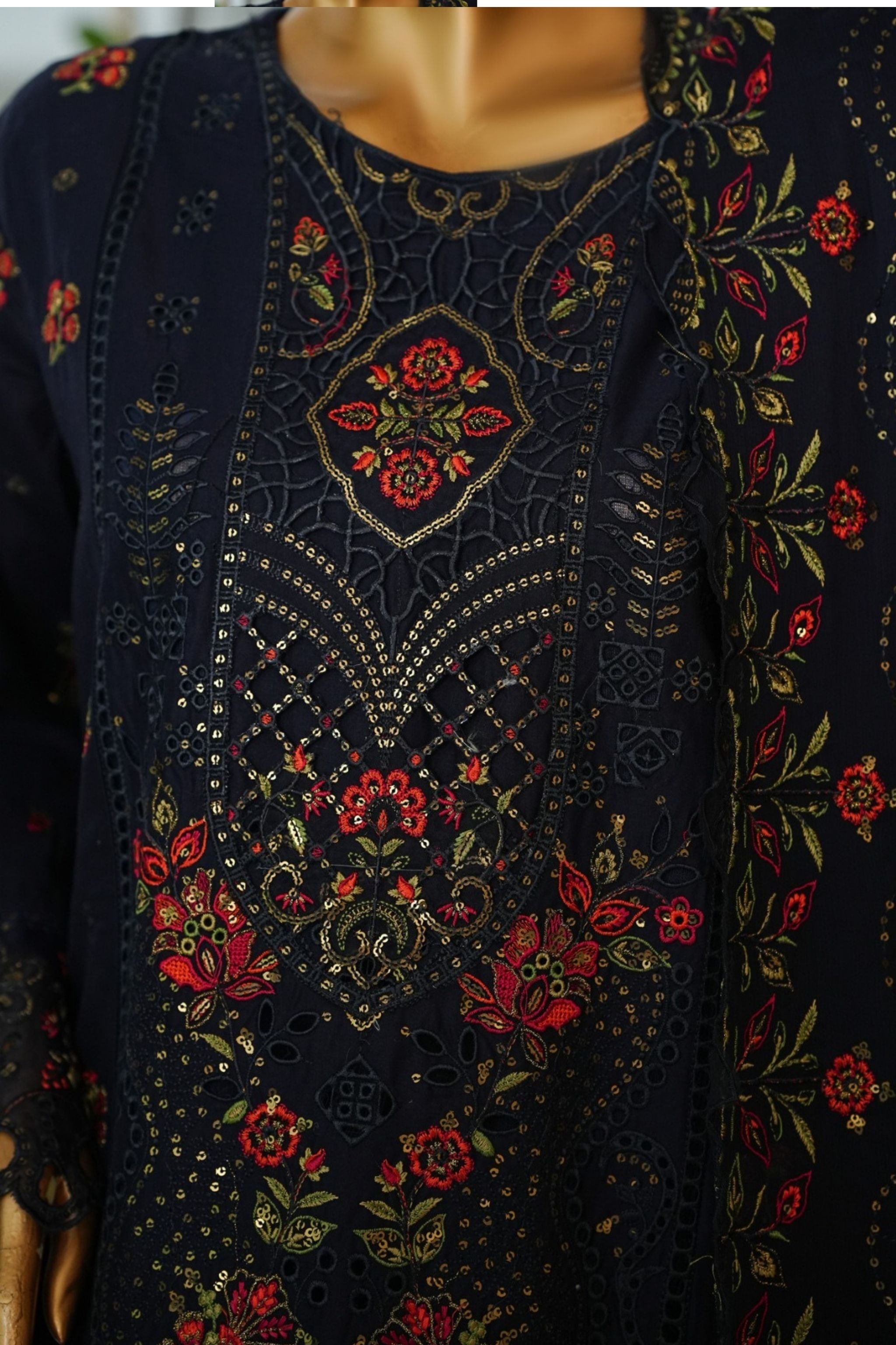 ECF-01 Bin Saeed Original Navy Blue Embroidered Cotton Fabric 3-Piece Suit - Size S-M-L