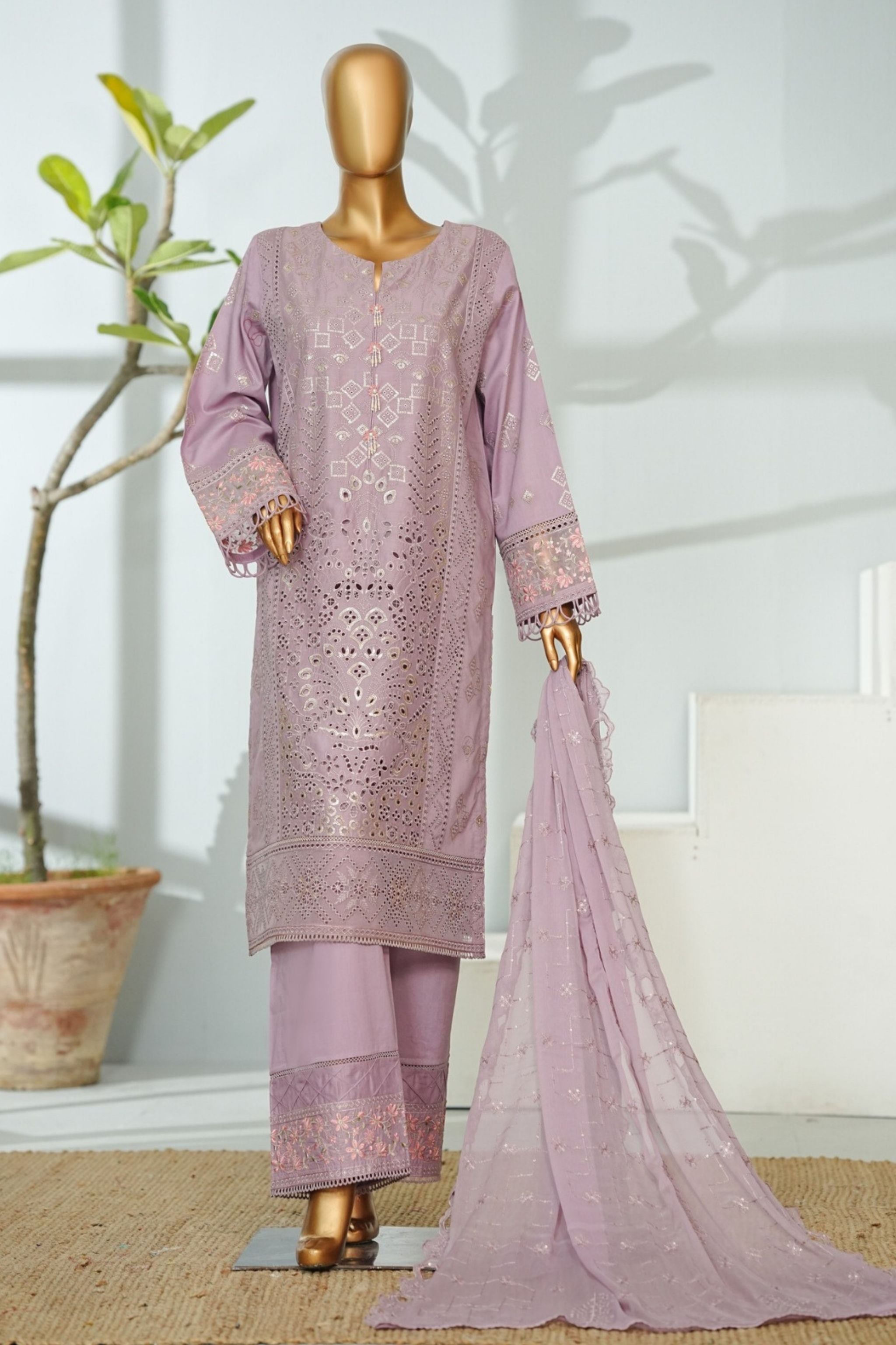 ECF-07 Bin Saeed Original Dusty Pink Embroidered Cotton Fabric 3-Piece Suit - Size S-M-L