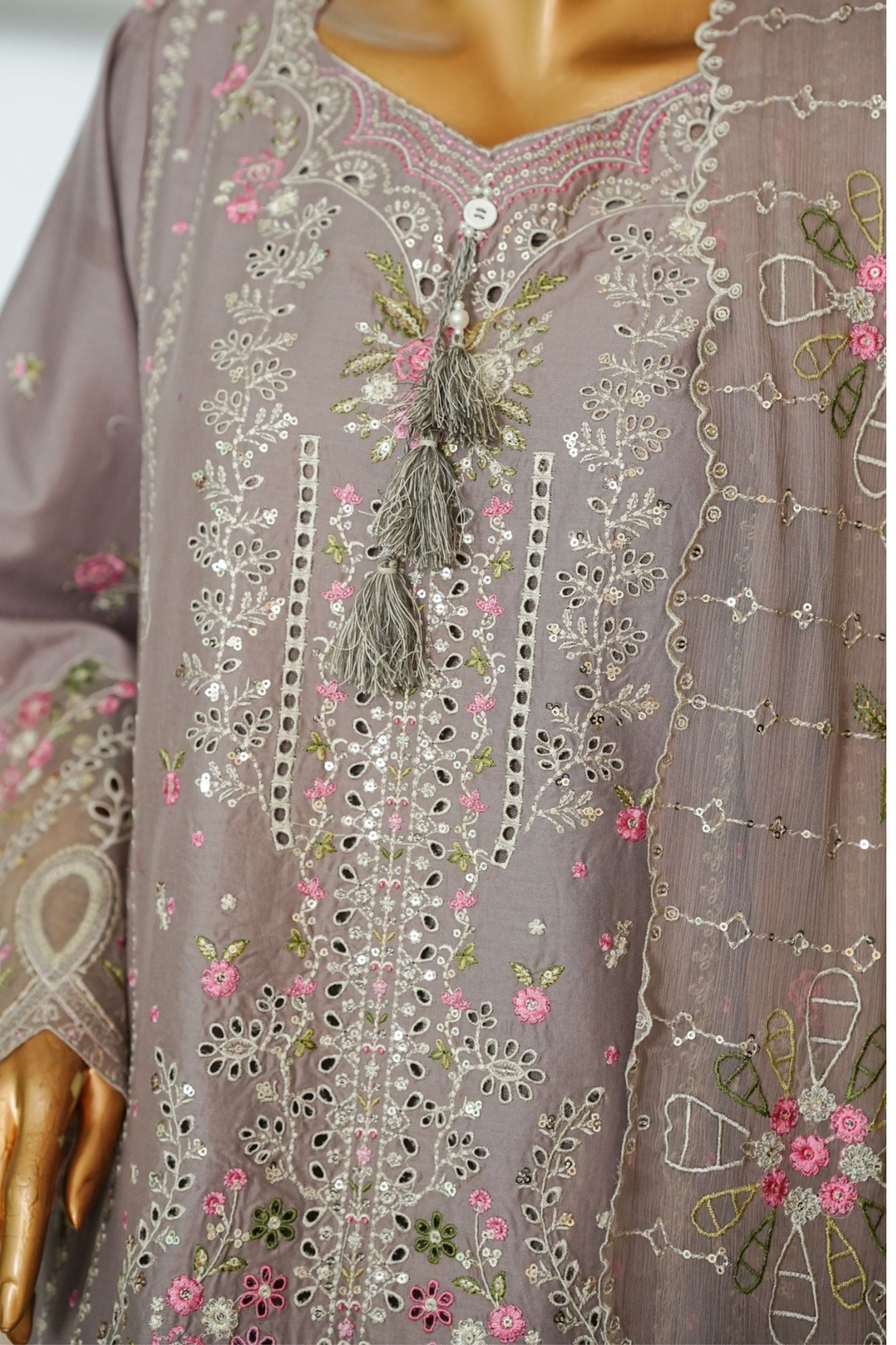 ECF-08 Bin Saeed Original Brown Embroidered Cotton Fabric 3-Piece Suit - Size S-M-L