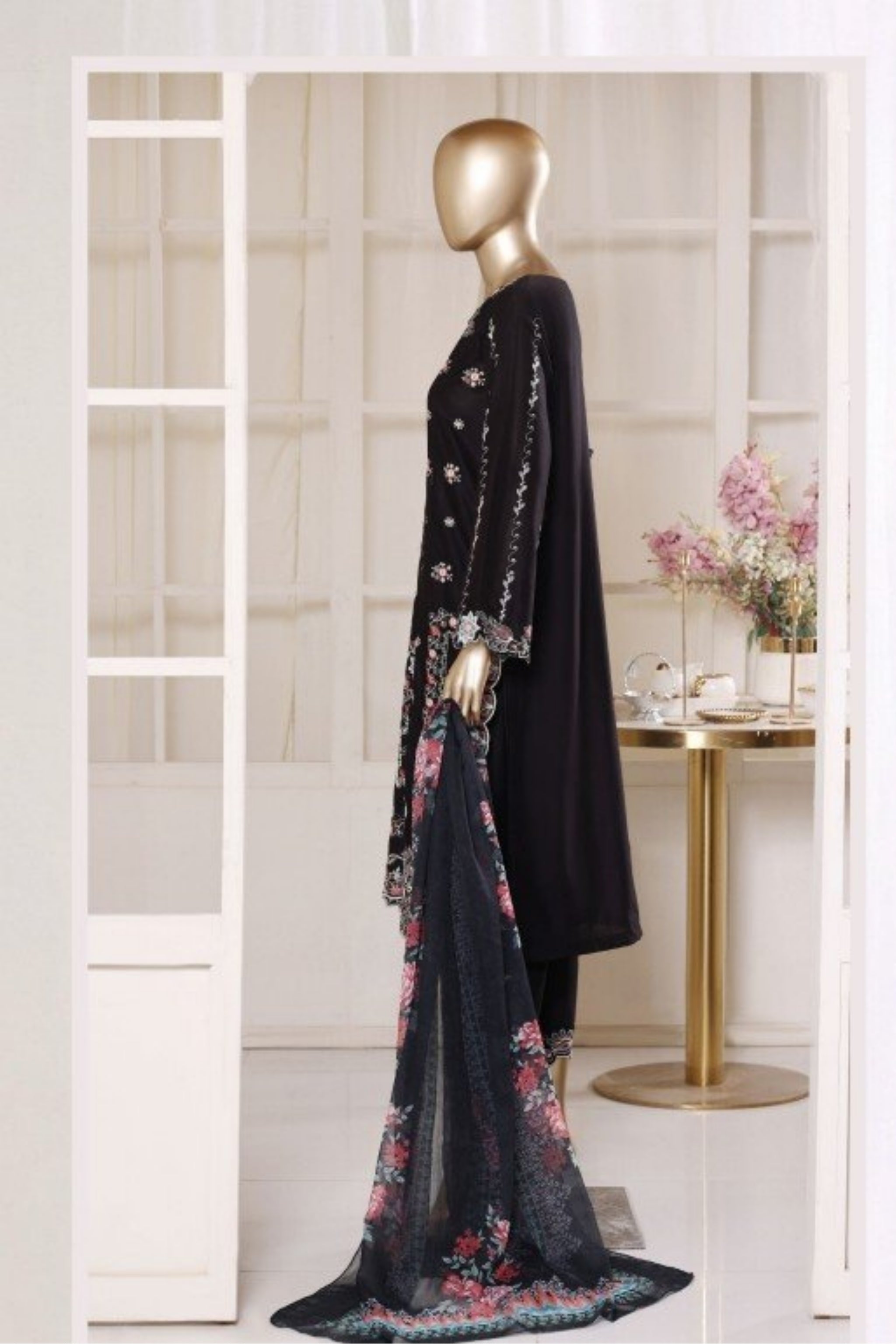 BSL-005 Bin Saeed Luxury Embroidered 3PC Suit - Black Multi