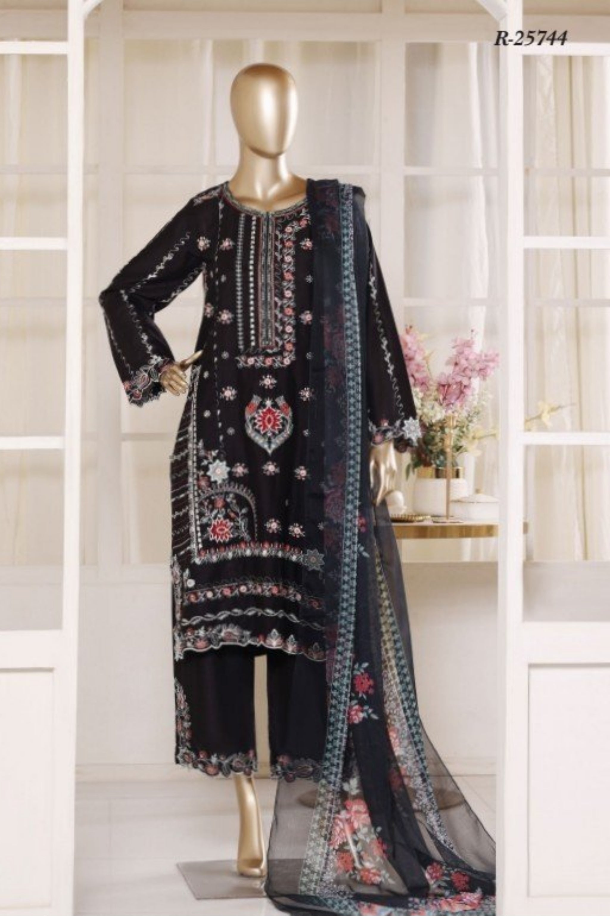 BSL-005 Bin Saeed Luxury Embroidered 3PC Suit - Black Multi