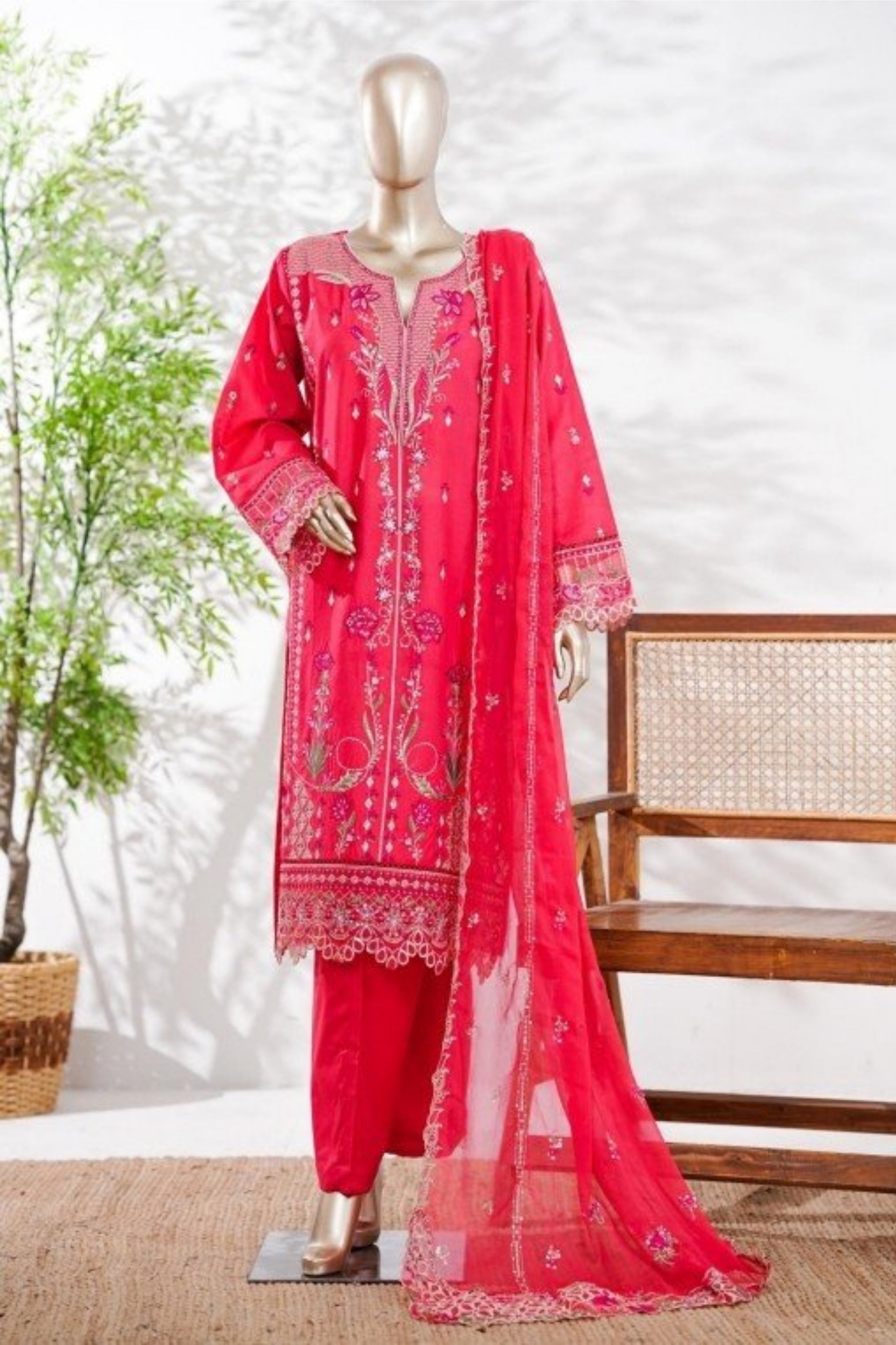 BSL-004 Bin Saeed Luxury Embroidered 3PC Suit - Hot Pink