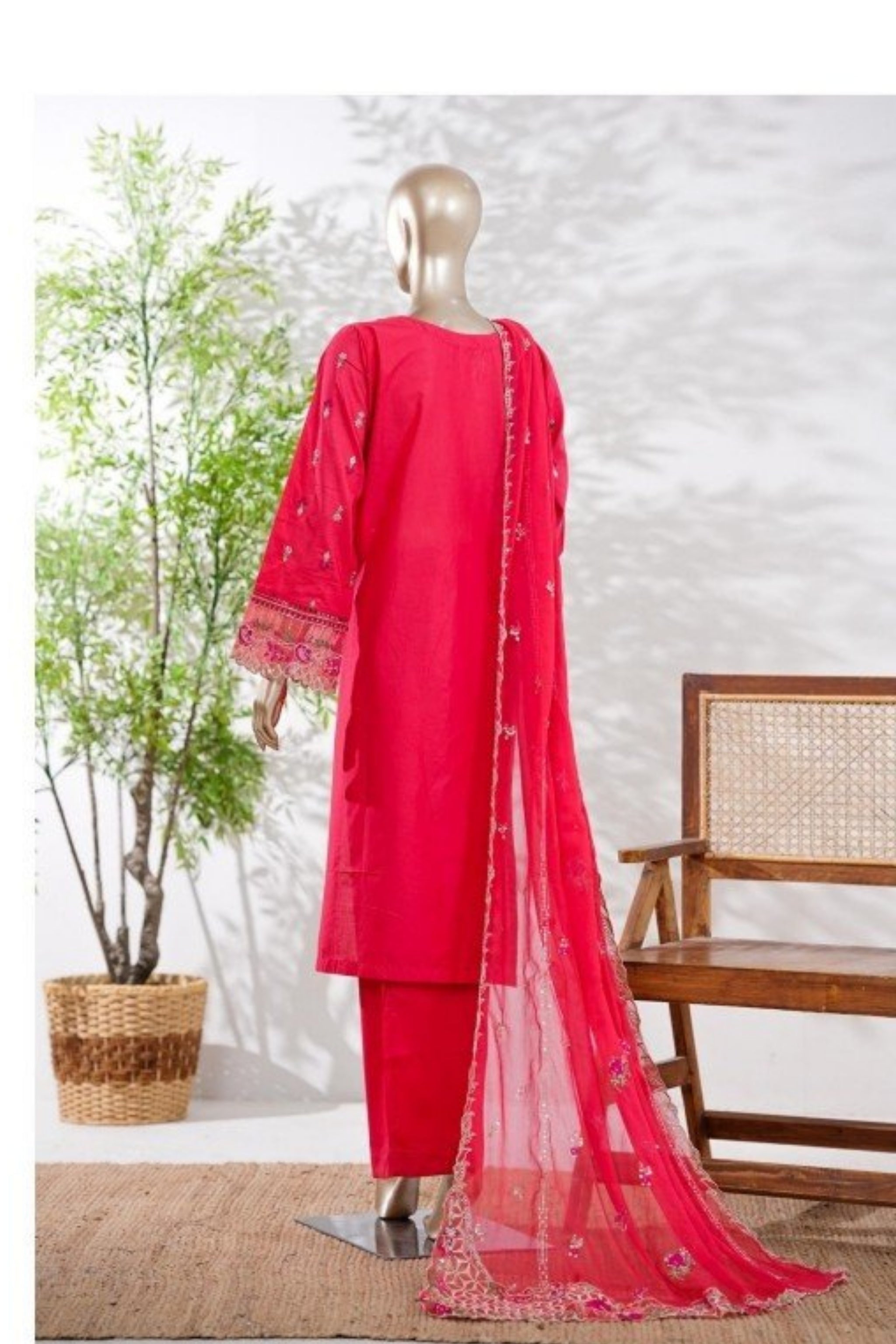 BSL-004 Bin Saeed Luxury Embroidered 3PC Suit - Hot Pink