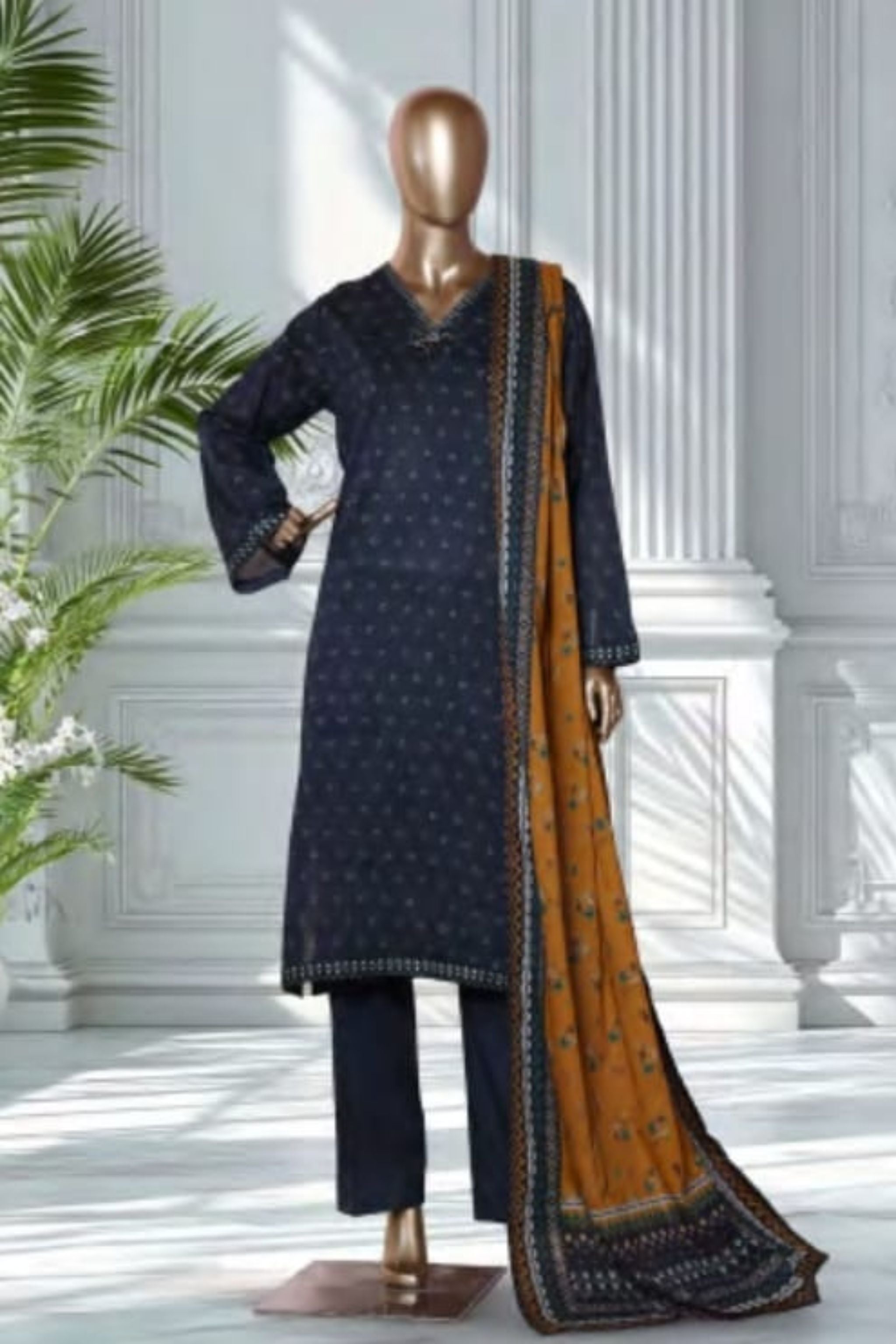 PTL-07 Bin Saeed Original Navy Blue Printed Lawn 3-Piece Suit - Size S-M-L-XL