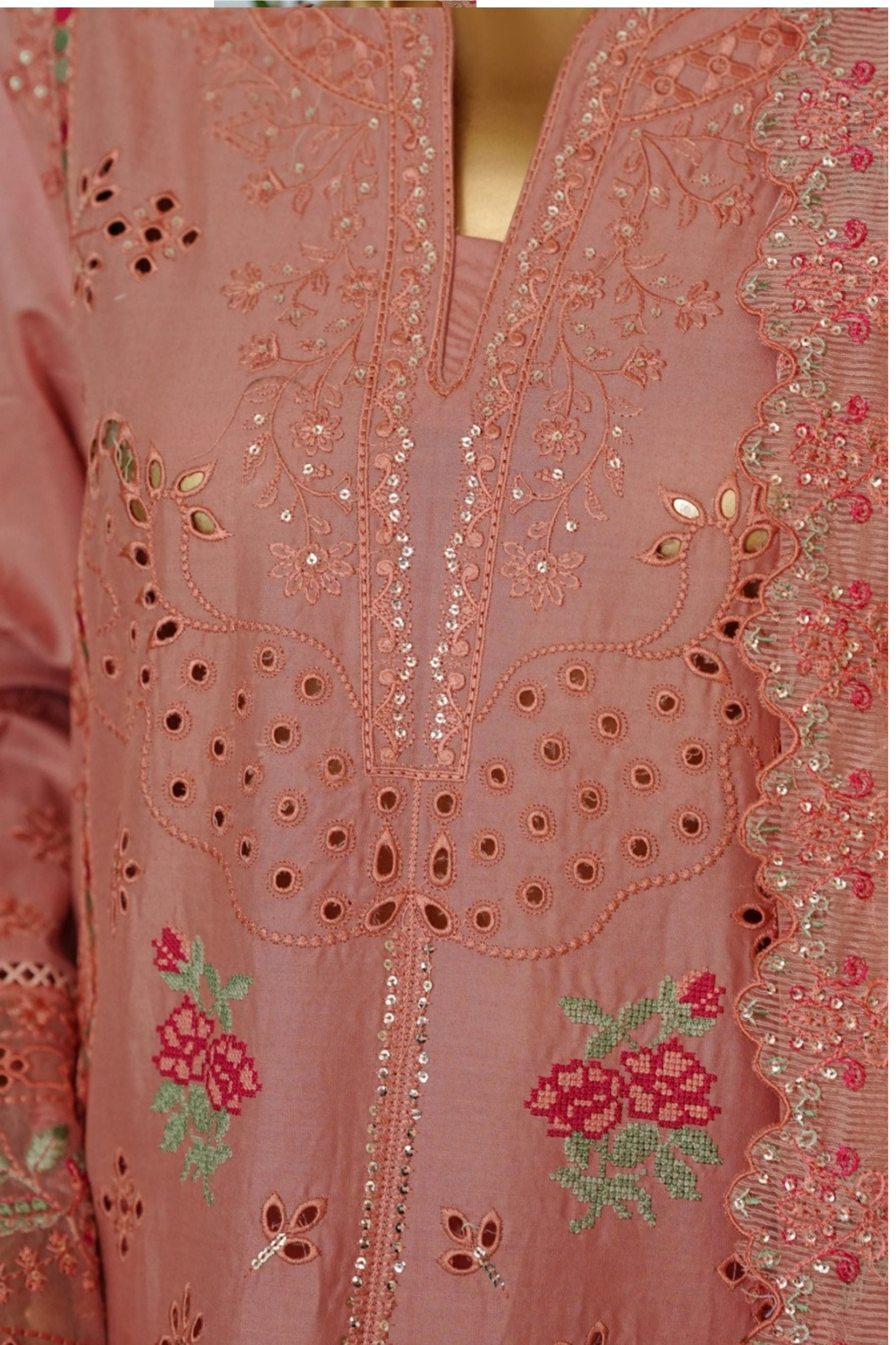 ECF-09 Bin Saeed Original Pink Embroidered Cotton Fabric 3-Piece Suit - Size S-M-L