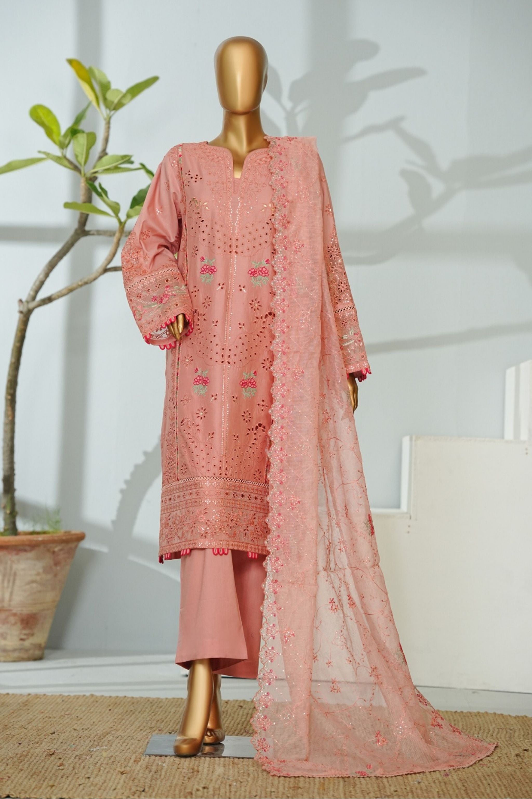 ECF-09 Bin Saeed Original Pink Embroidered Cotton Fabric 3-Piece Suit - Size S-M-L