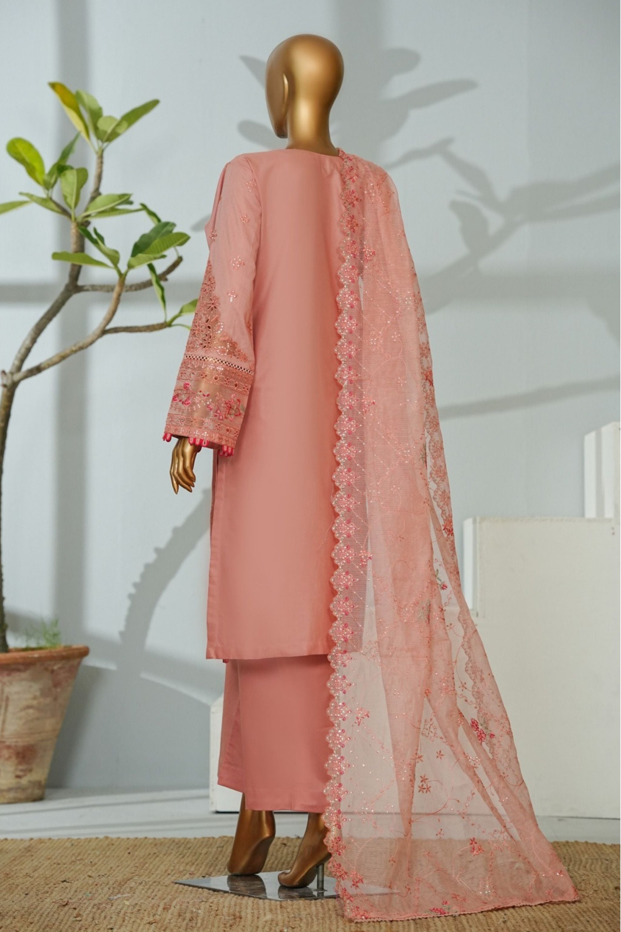 ECF-09 Bin Saeed Original Pink Embroidered Cotton Fabric 3-Piece Suit - Size S-M-L