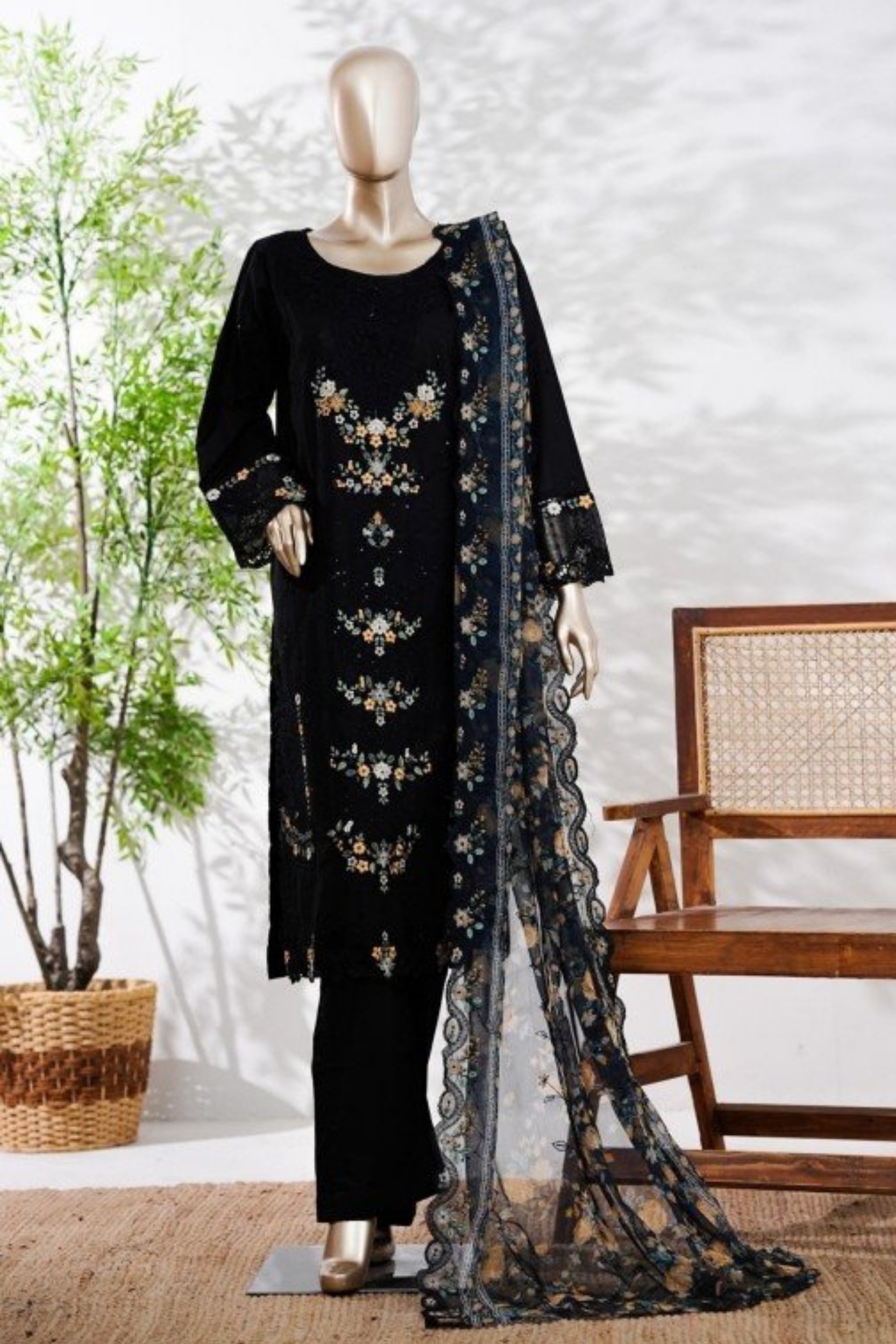 BSL-002 Bin Saeed Luxury Embroidered 3PC Suit - Classic Black