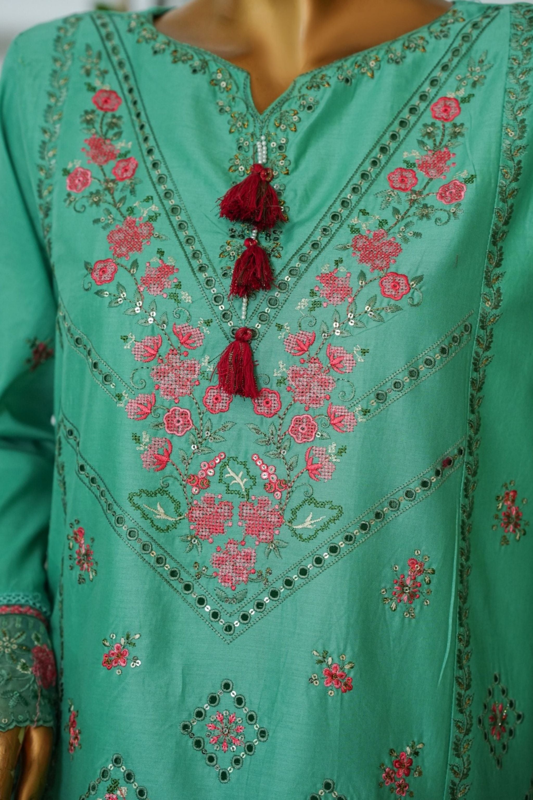 ECF-10 Bin Saeed Original Green Embroidered Cotton Fabric 3-Piece Suit - Size S-M-L