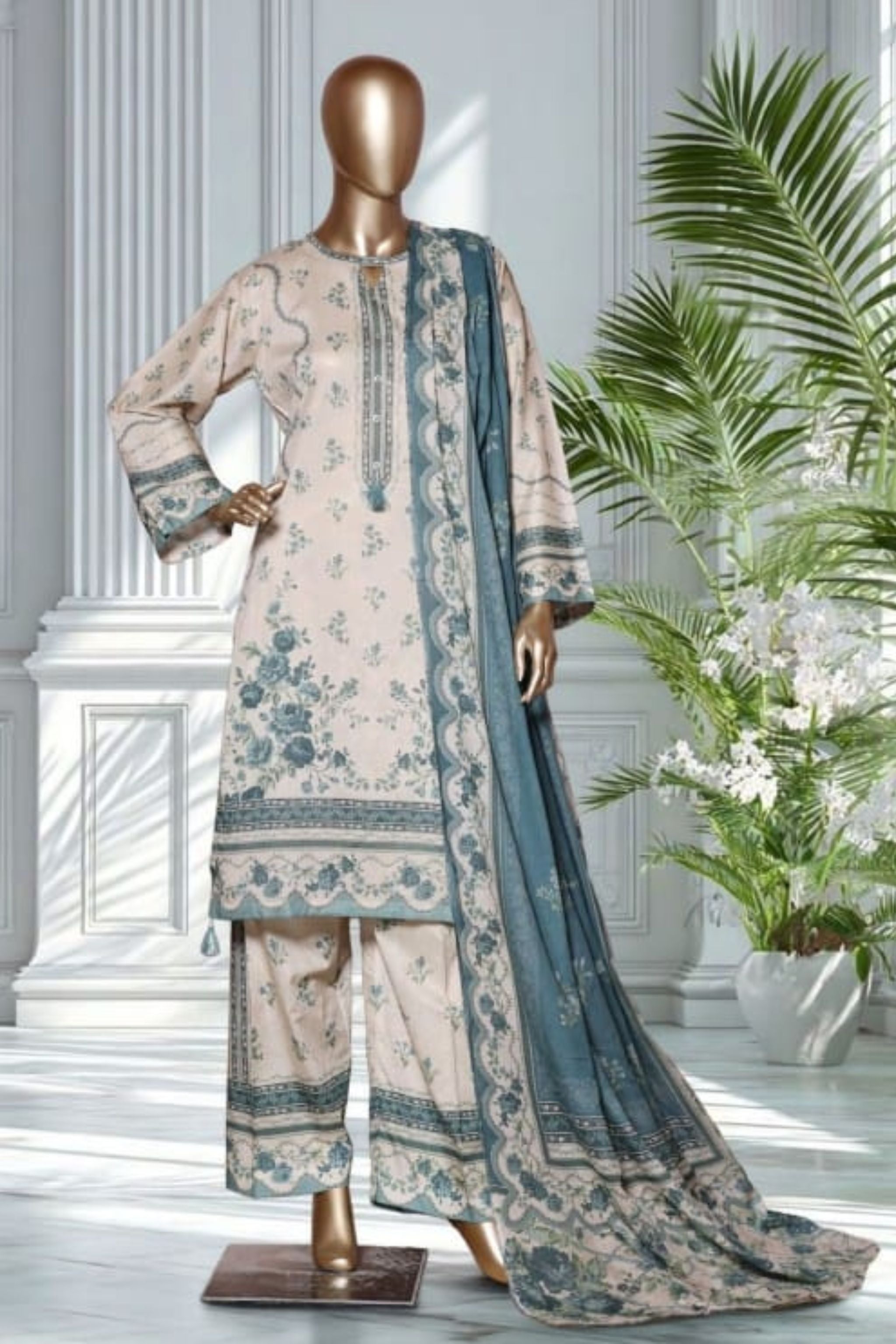 PTL-09 Bin Saeed Original Cream Printed Lawn 3-Piece Suit - Size S-M-L-XL