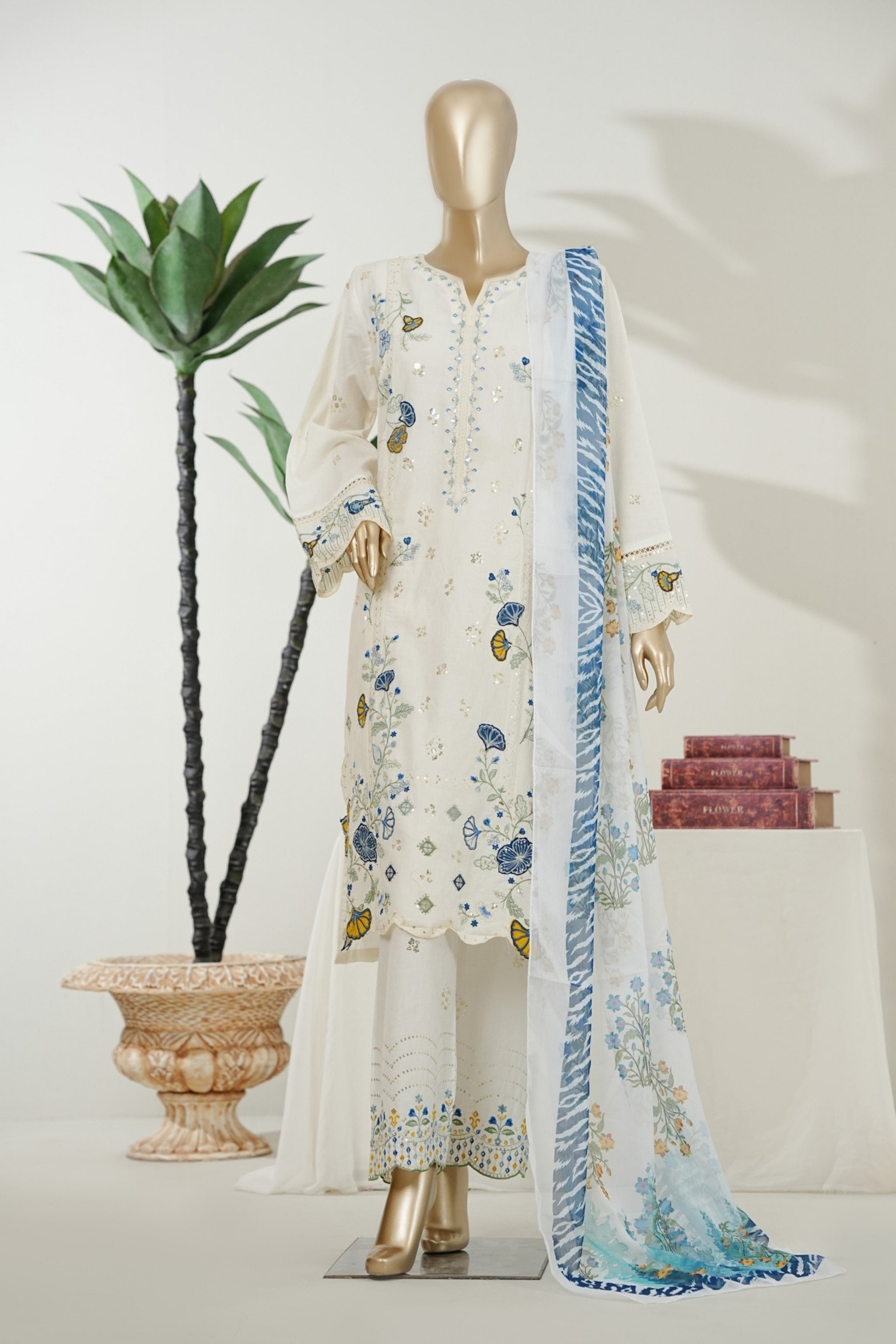 BM-007 - Bin Saeed Embroidered Printed Lawn - White