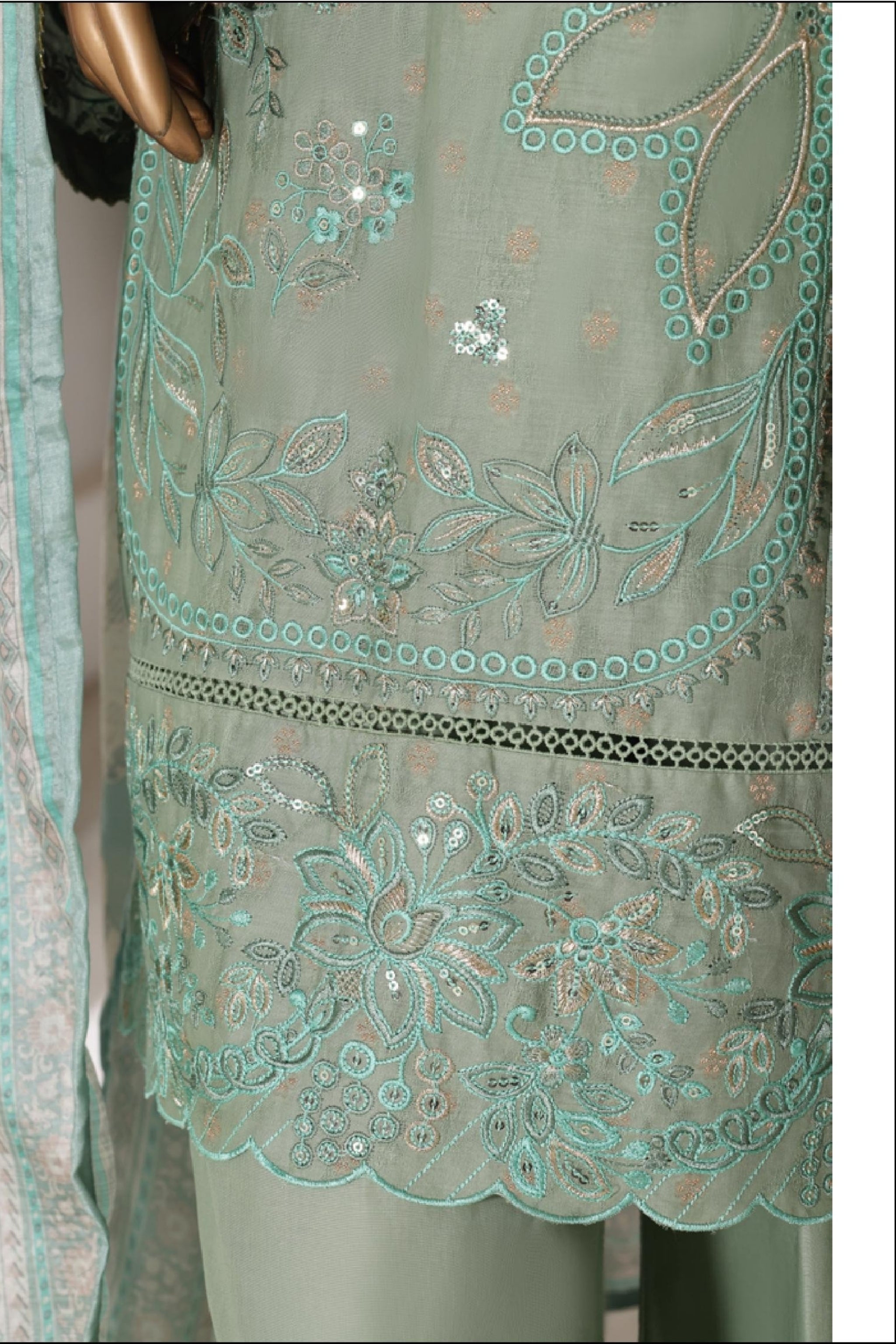 BSJ-001 Pista Green Bin Saeed Luxury Embroidered Jacquard 3 Piece Suit