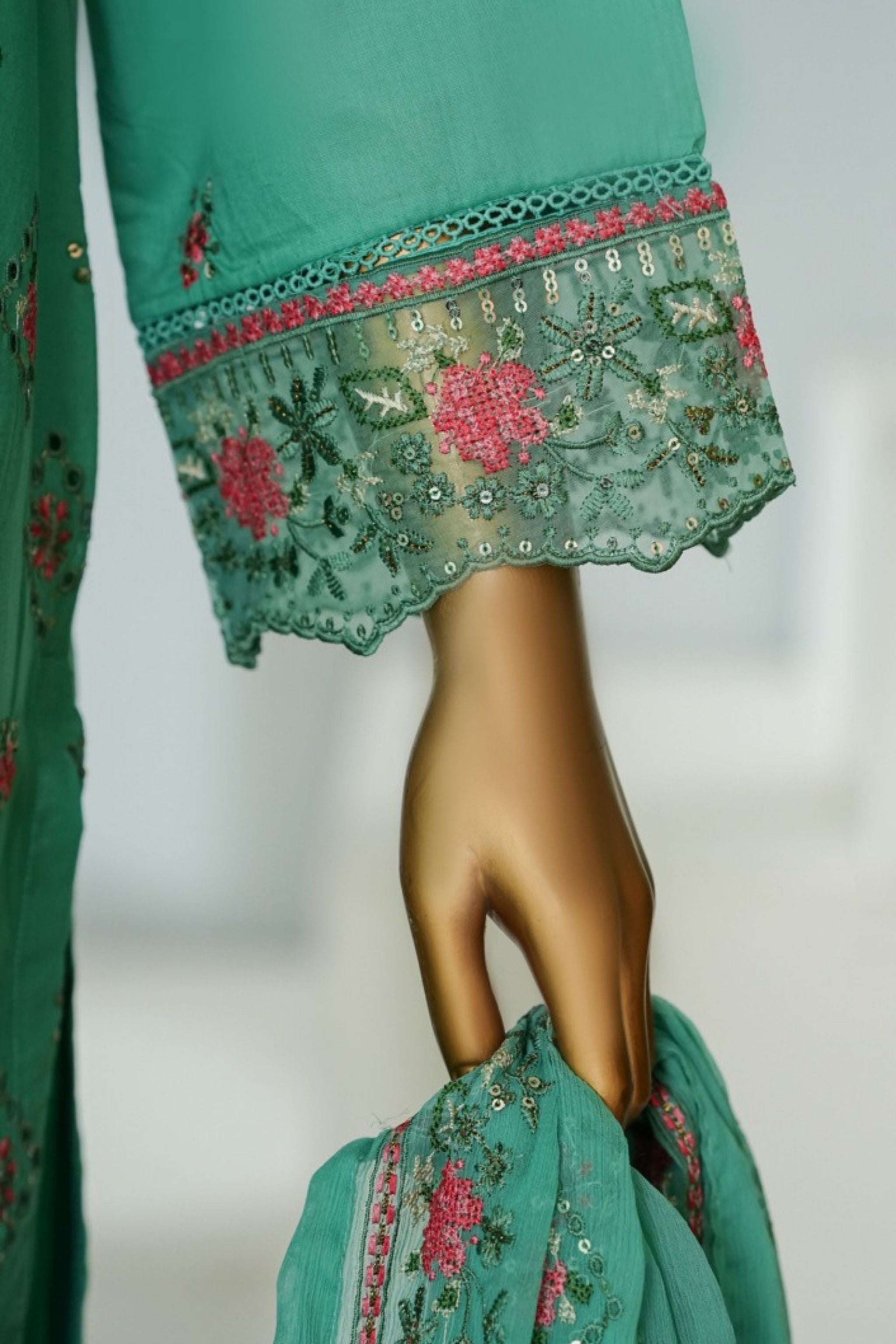 ECF-10 Bin Saeed Original Green Embroidered Cotton Fabric 3-Piece Suit - Size S-M-L