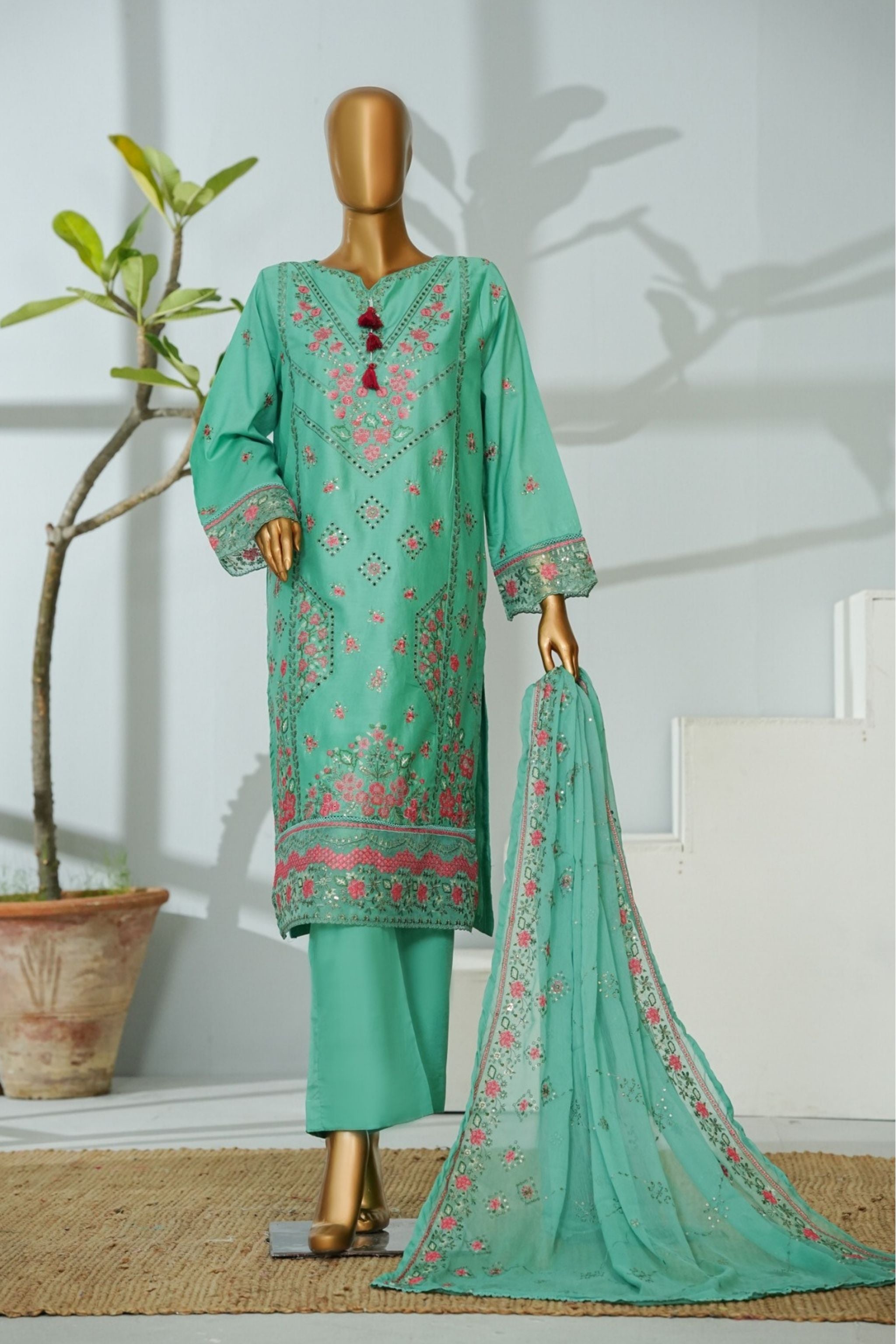 ECF-10 Bin Saeed Original Green Embroidered Cotton Fabric 3-Piece Suit - Size S-M-L