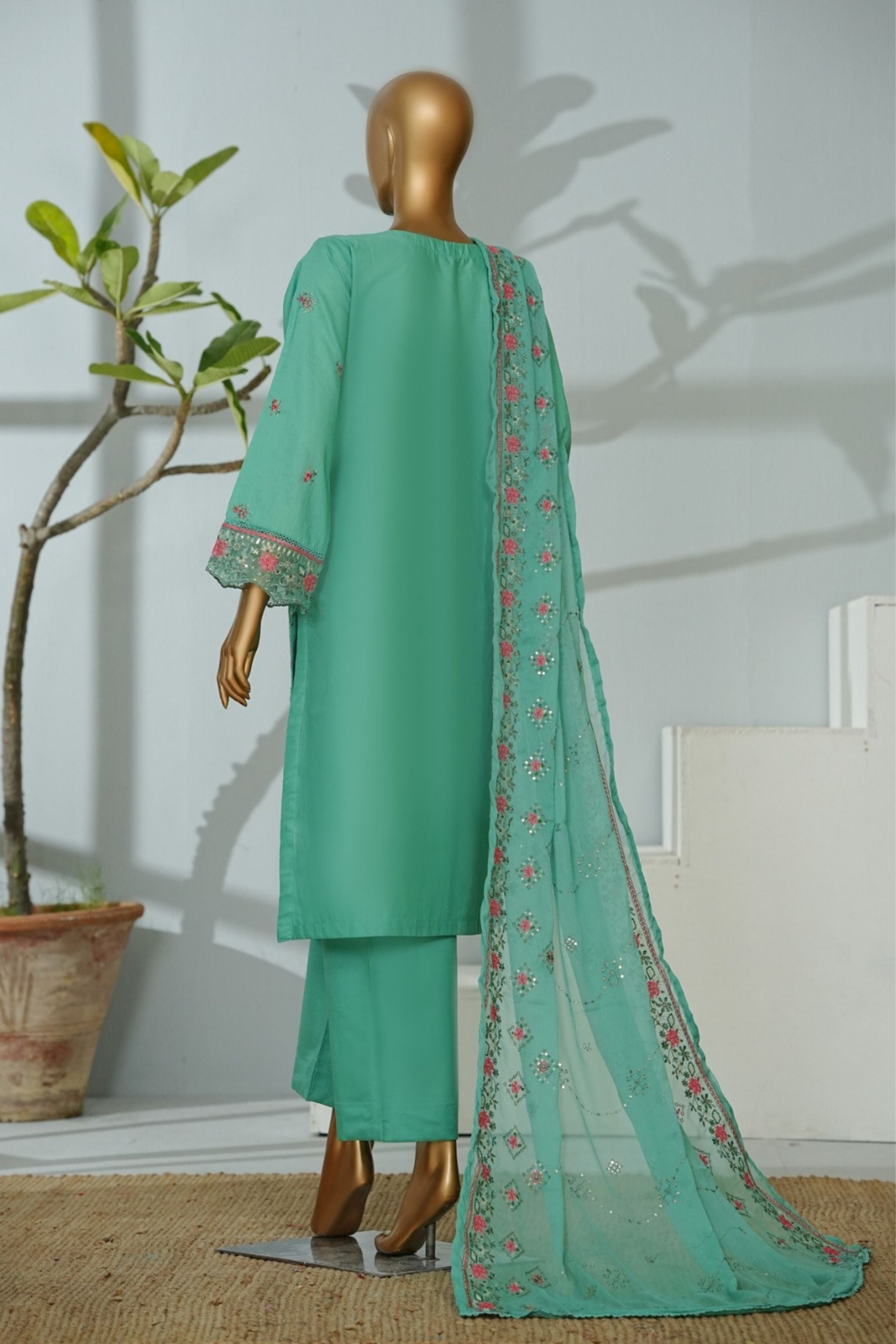 ECF-10 Bin Saeed Original Green Embroidered Cotton Fabric 3-Piece Suit - Size S-M-L