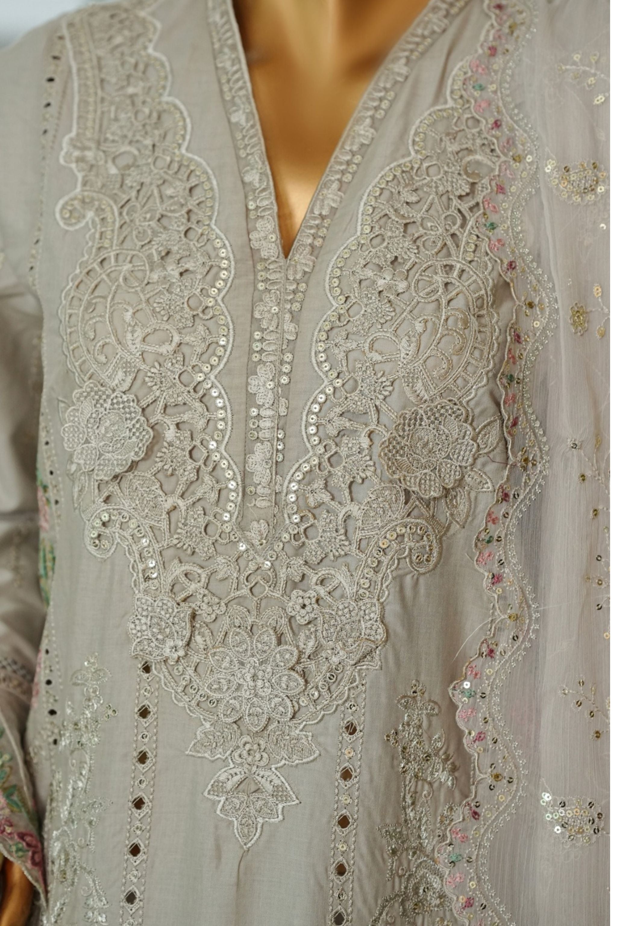 ECF-11 Bin Saeed Original Silver Grey Embroidered Cotton Fabric 3-Piece Suit - Size S-M-L