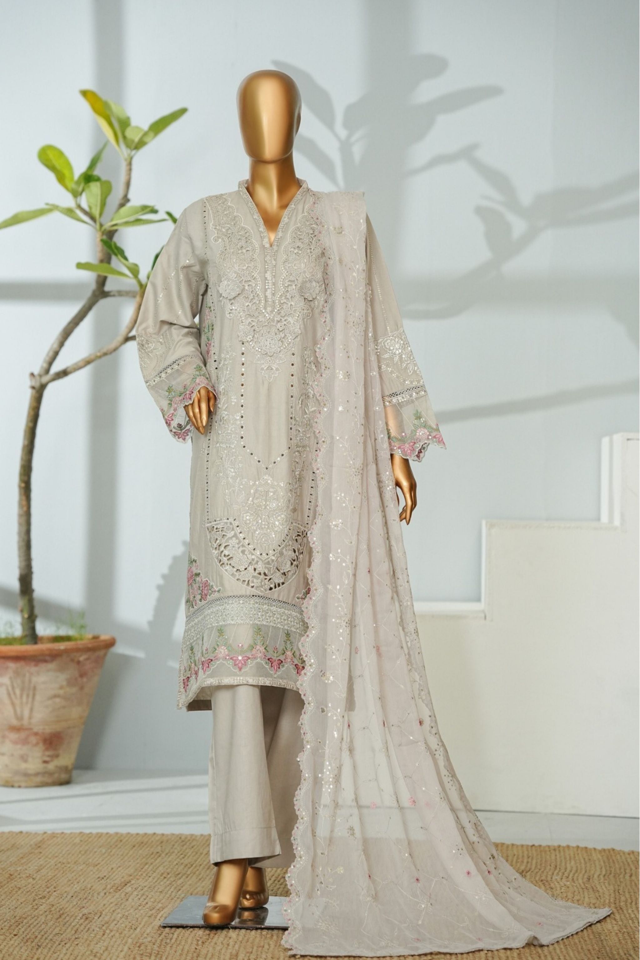 ECF-11 Bin Saeed Original Silver Grey Embroidered Cotton Fabric 3-Piece Suit - Size S-M-L